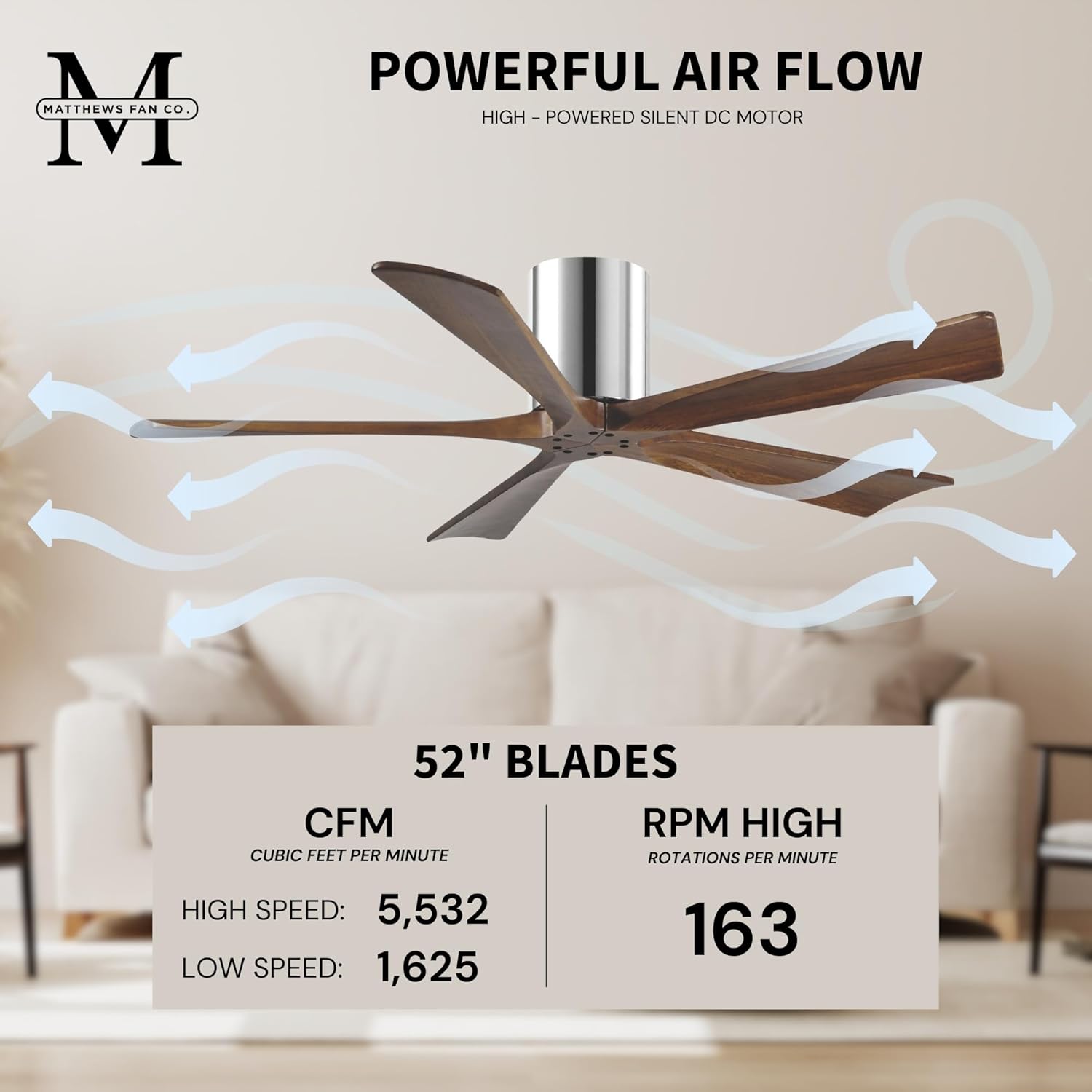Matthews IR5H-CR-WA-52 Irene Damp Rated 52" Flush Mount Ceiling Fan with Remote & Wall Control, Silent DC Motor, 5 Walnut Tone Solid Wood Blades, Polished Chrome