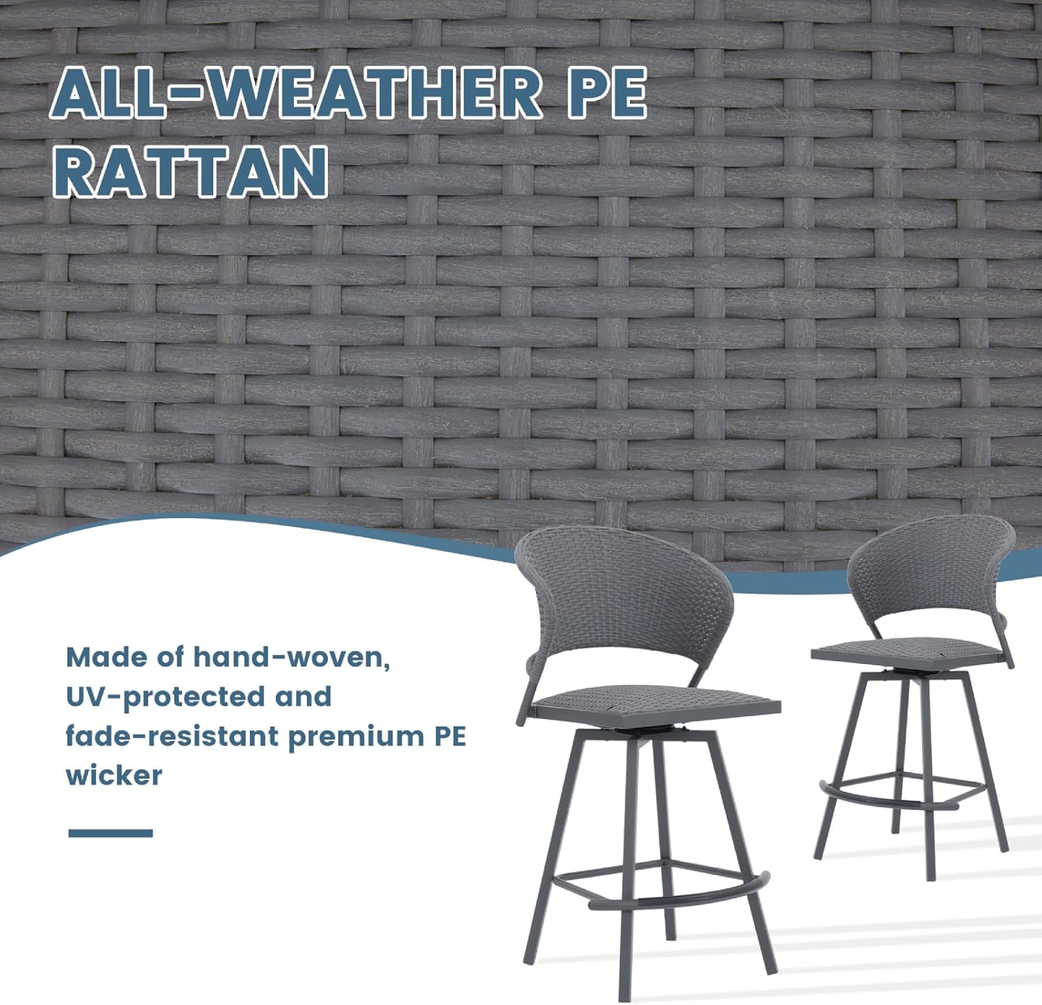 DIFY Patio Swivel Bar Stools Set of 4, Outdoor Wicker Bar Chairs with Backrest and Metal Frame for Bistro Lawn Garden, Grey