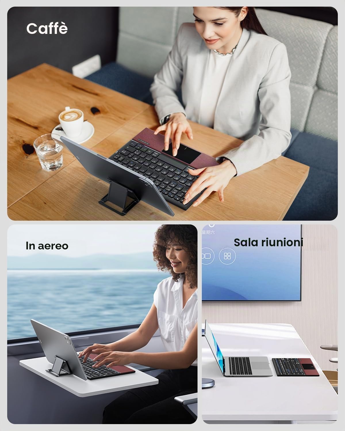 OMOTON Tastiera pieghevole AZERTY Bluetooth con touchpad, Bordeaux | Multidispositivo, portatile, mini tastiera senza fili silenziosa, compatibile con Android Windows iOS Telefono Tablet iPad