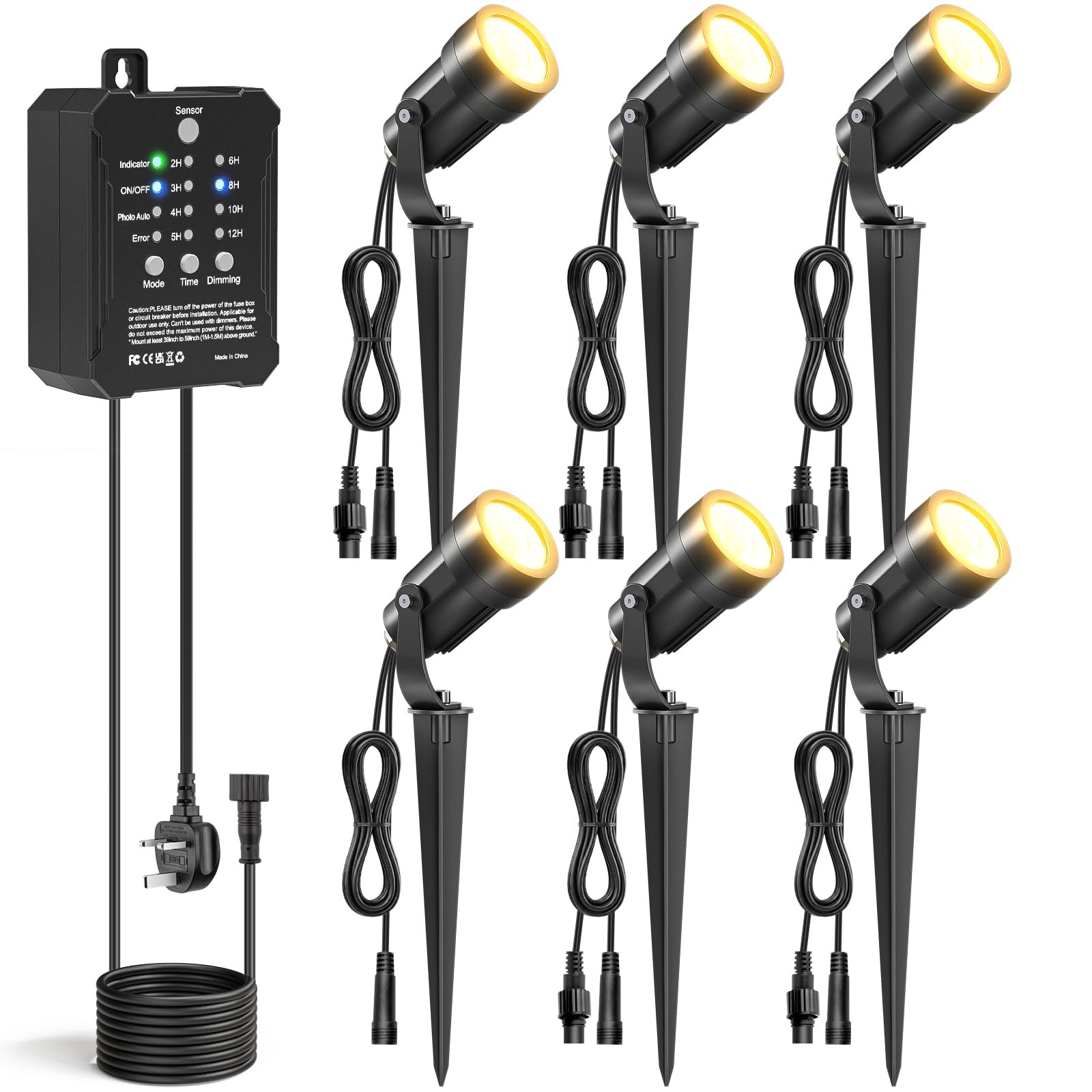 HIBOITEC 6 Pack Dimmable Garden Spotlights 5W 250LM, Dusk to Dawn Sensor & Timer, IP65 Weatherproof Outdoor Spike Lights Mains Powered, 40W Smart Transformer- Detachable Design Spotlight for Pathway