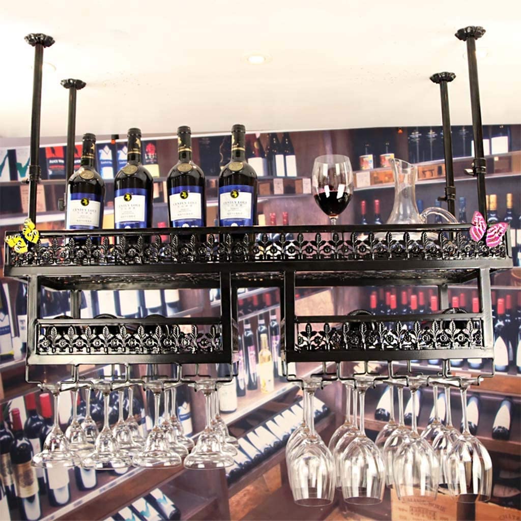 Casier à vin mural réglable en fer noir et porte-verre suspendu