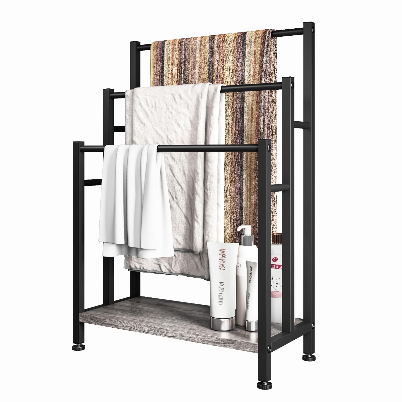 Freestanding Towel Rack, SDXYSTCE 3 Tiers Standing Towel Racks for Bathroom, 23.6" L x 11.8" W x 40" H, Blanket Holder with Shelf, Upgrade Steady Design,Grey