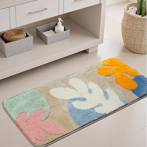 Miniatura 27 de Uphome Alfombra de baño larga con hojas abstractas coloridas, antideslizante, absorbente de agua, bohemio, de microfibra suave, lavable a máquina