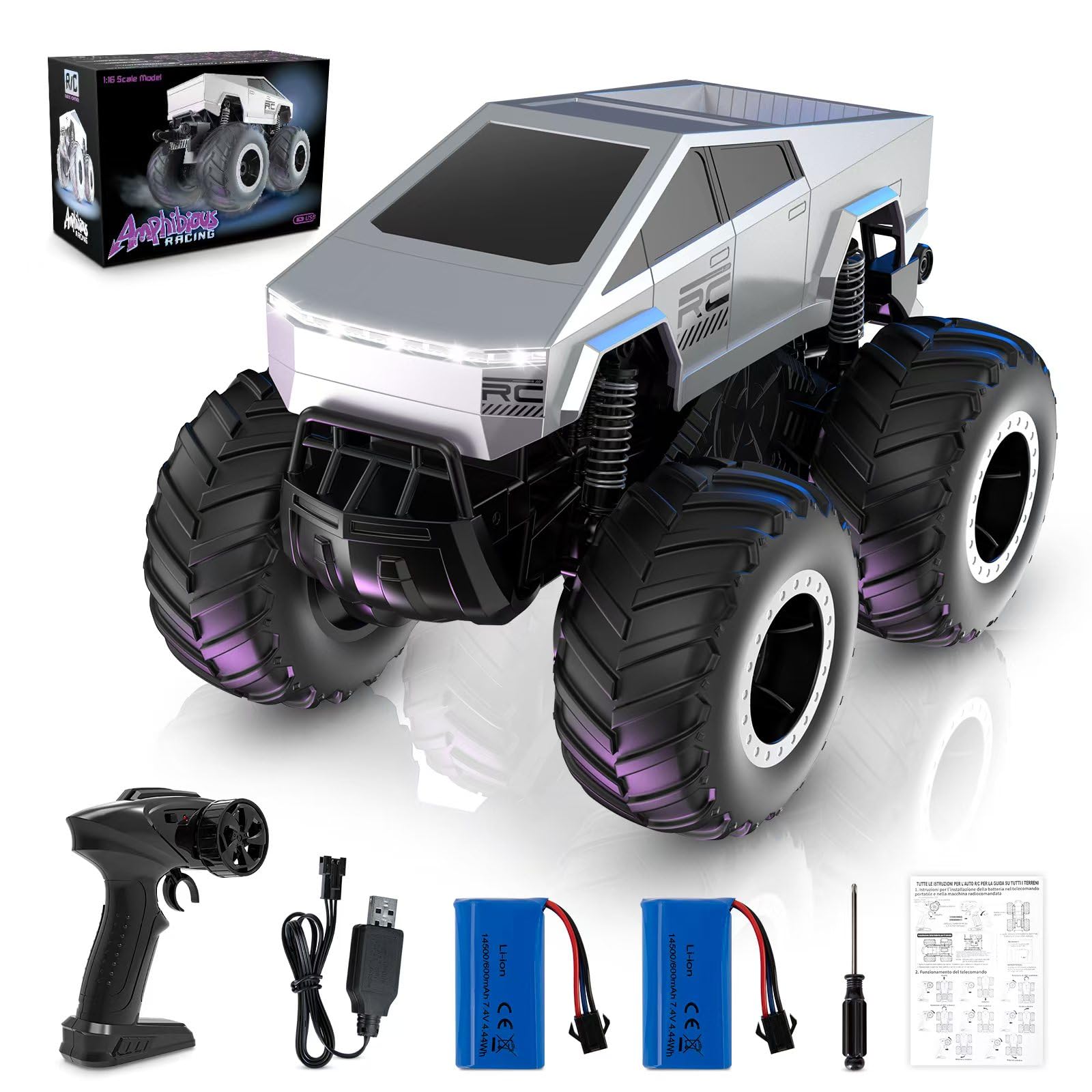1:16 Remote Control Monster Truck, 2.4GHz Waterproof Cyber Truck Toy, 4WD Amphibious Remote Control Car, All Terrain Off-Road RC Car with Rechargeable Battery, Pick-up Car Toys for Boys Girls Ages 6+