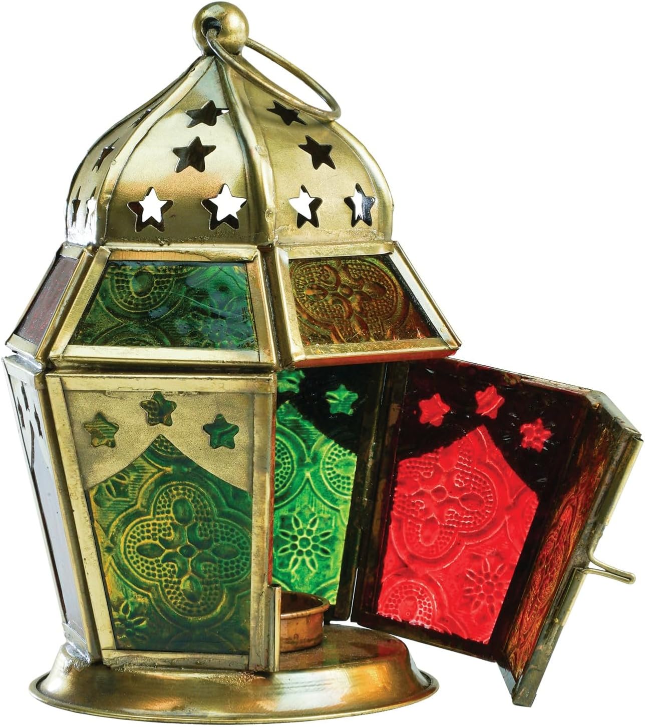 In the Breeze 9208 — Pink & Yellow Hex Tealight Lantern — Moroccan-Style Boho Chic Tealight Glass and Metal Tabletop Lantern