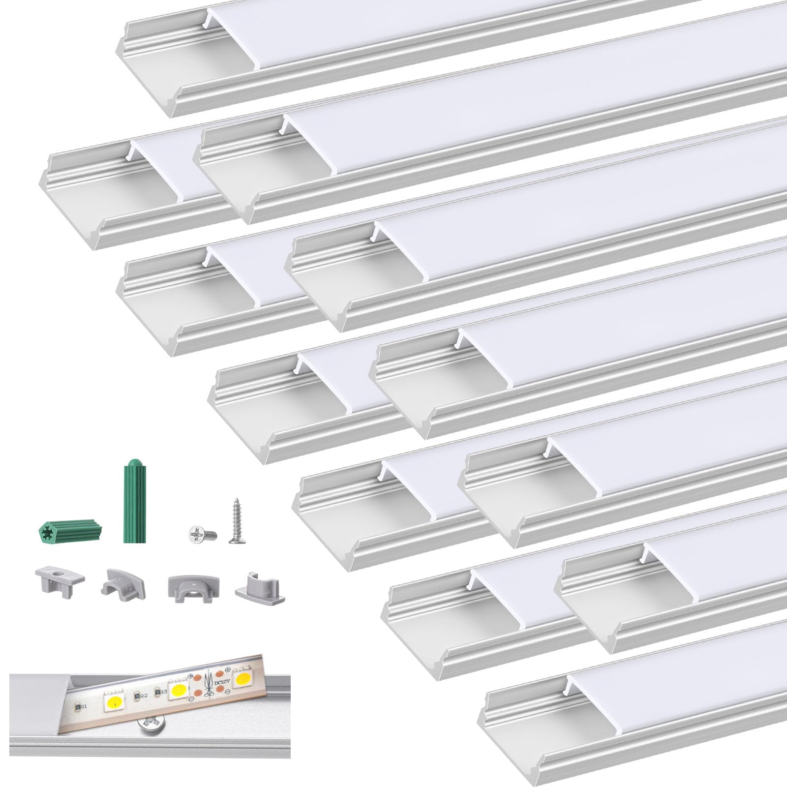 12 Pack 3.3ft Pre-drilled Countersunk Hole LED Channel Diffuser U Light Strip Aluminum Track Easy Cut Tight Flush Mounted Cabinet Tape Light Strip with Screw End Caps(Milky White)