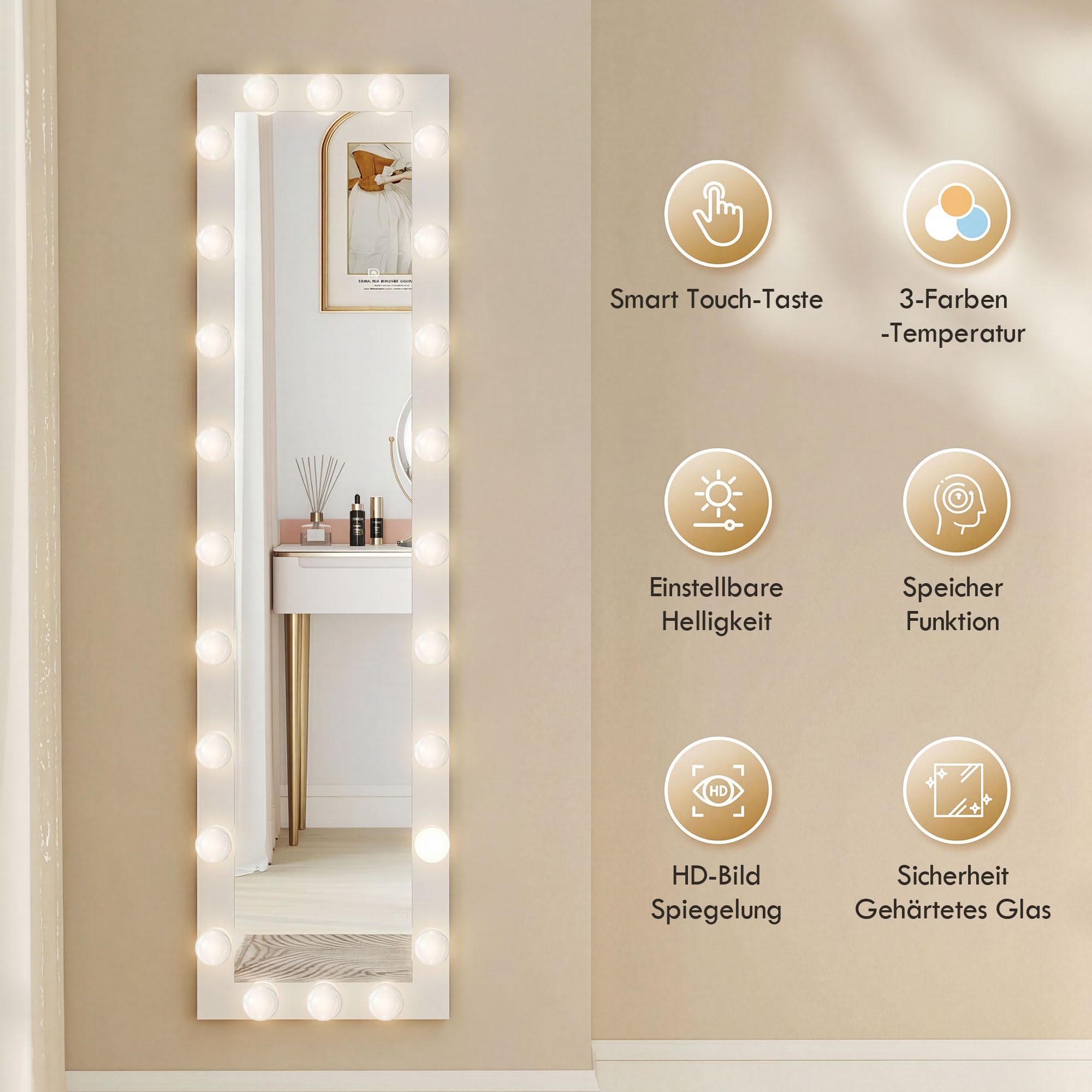 HOMCOM Specchio a figura intera 150 x 40 cm Specchio a LED con 24 lampadine 3 colori di luce dimmerabili Specchio da parete con interruttore a sfioramento, funzione memoria specchio reclinabile per