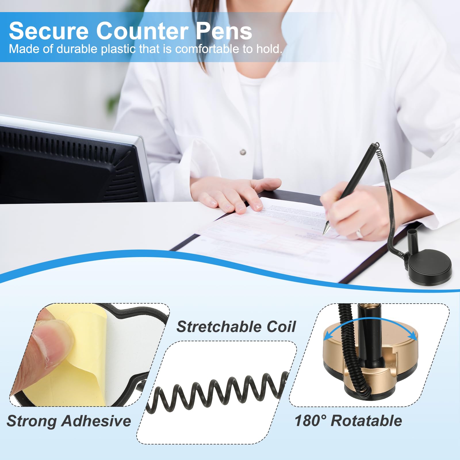 PATIKIL 3 Stylos sécurisés avec chaîne adhésive et support stylo sécurité, Stylos comptoir réception Recharges stylo bureau encre noire pour fournitures bureau à domicile, Ton or