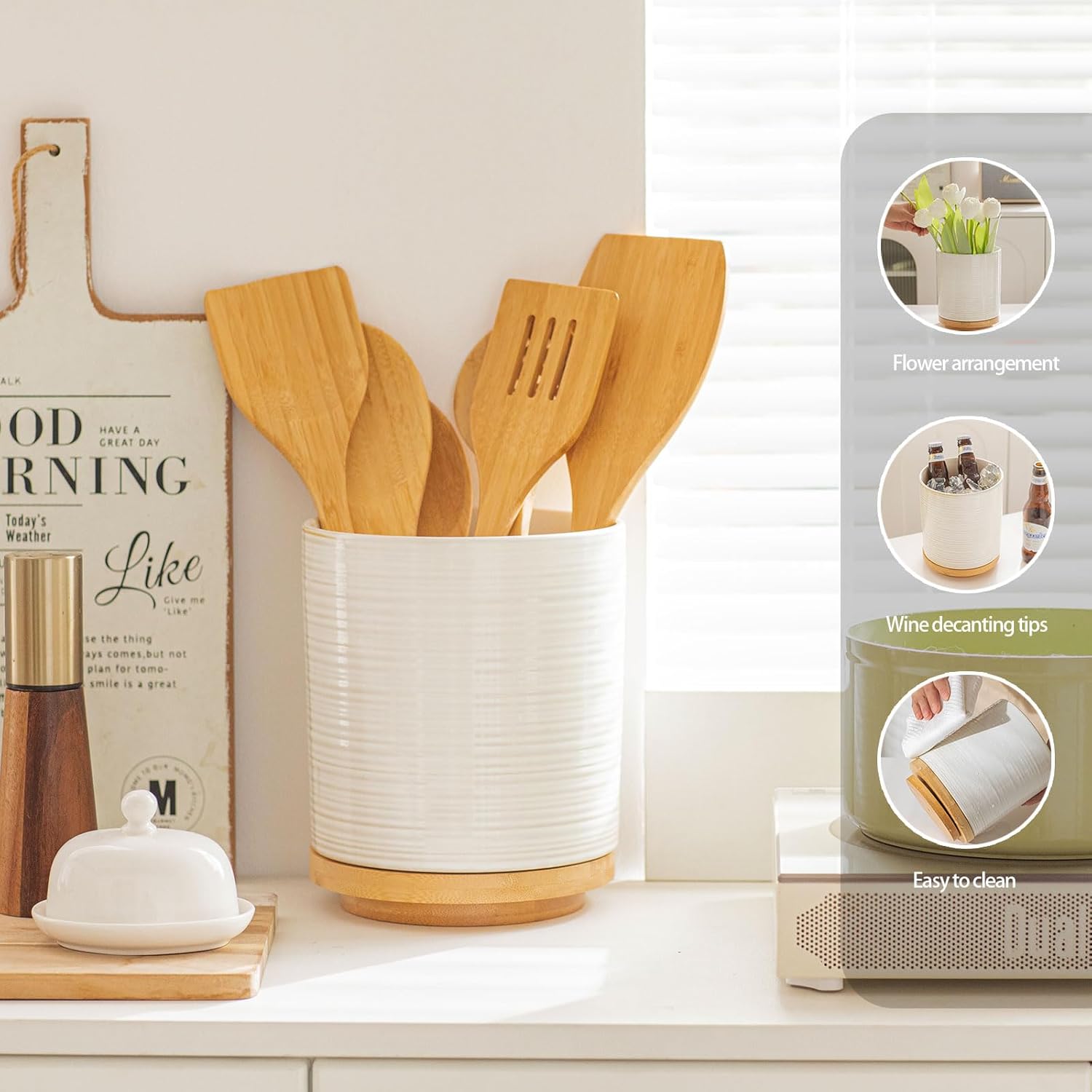 360° Rotating Ceramic Utensil Holder, 7.7" Large Kitchen Utensil Crock with Rotatable Bamboo Base, Countertop Organizer for Spatulas, Spoons & Cooking Tools