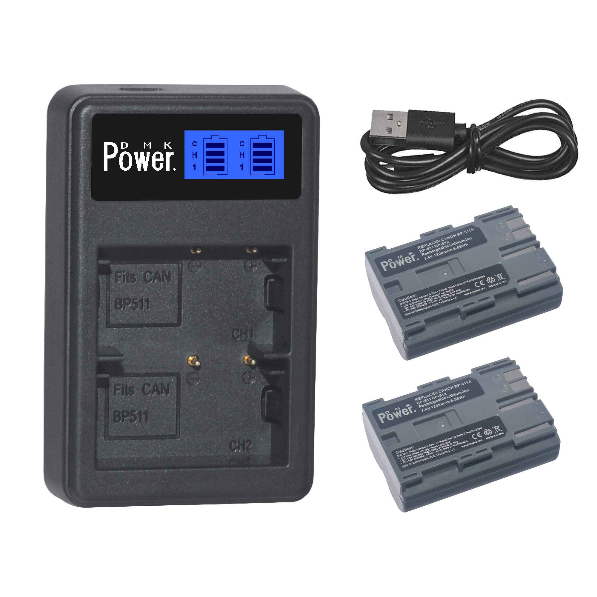 DMK Power 2 Pack BP-511 BP-511A Batteries with LCD Dual USB Charger Compatible with Canon EOS 5D 50D 40D 20D 30D 10D Digital Rebel 1D D60 300D D30 G5 Pro 1 G2 G3 G6 G1 Pro90 is Optura 20 200MC 100MC