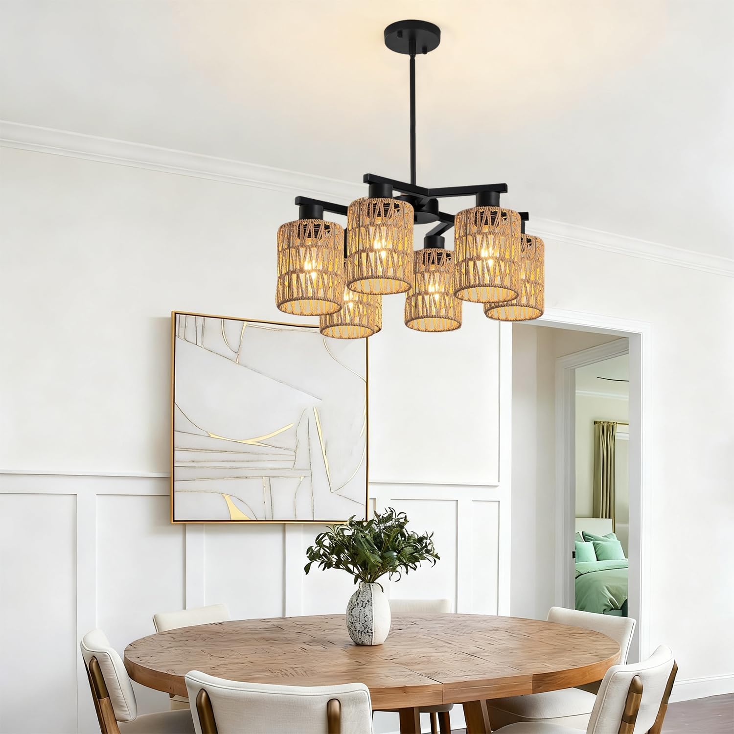 6-Light Farmhouse Rattan Chandelier for Dining Room, Black Boho Pendant Light Fixture with Hand Woven Rope Shades, Modern Coastal Hanging Pendant Lamp for Kitchen Island Foyer, Adjustable Height