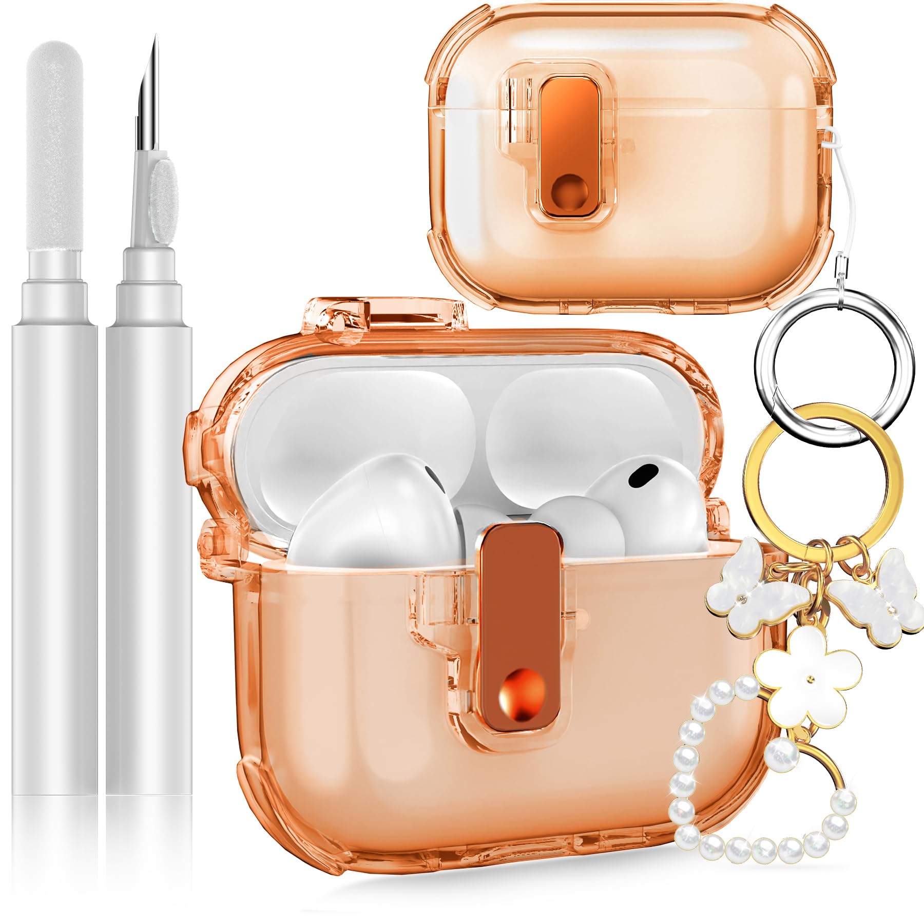 Fotbor for AirPods Pro 3 2025 Case with Secure Lock, Soft Clear TPU Cover with Earbuds Cleaner &amp; Cute Girly Keychain, Anti-Scratch [Airbag] Military Grade Drop Protection - Orange