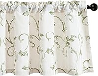 Vista 18 de VOGOL Cortinas bordadas de hojas, cenefas texturizadas de lino estilo rústico para ventana de cocina, patrón de hojas con bolsillo para barra