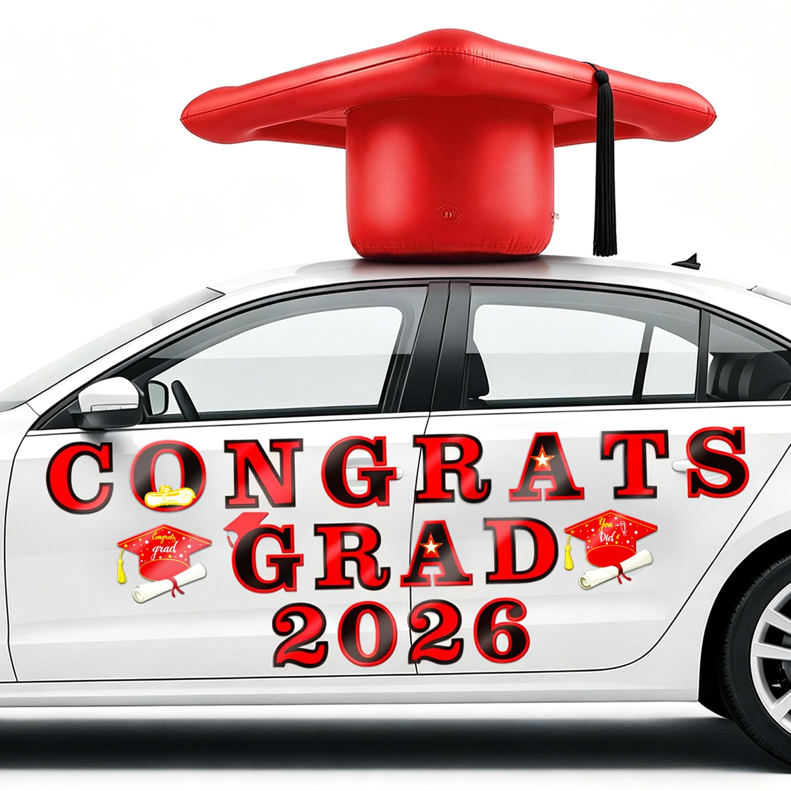 Photo 1 of 2026 Graduation Car Decorations, 27" Large Inflatable Car Graduation Cap Decors, Class of 2026 Congrats Grad Magnets Letters PVC Blow up Decorations for Cars Roof High School Collage Prom Party(Red
