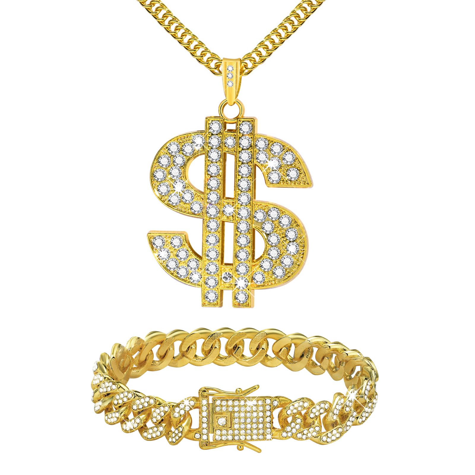 Hisatan2 Pcs Cuban Link Gold Chain Necklace Set, 80s 90s Costume Jewelry With Big Fake Gold Chains, Dollar Sign Pendant, Hip Hop Rapper Costume Accessories for Men Women Halloween Party