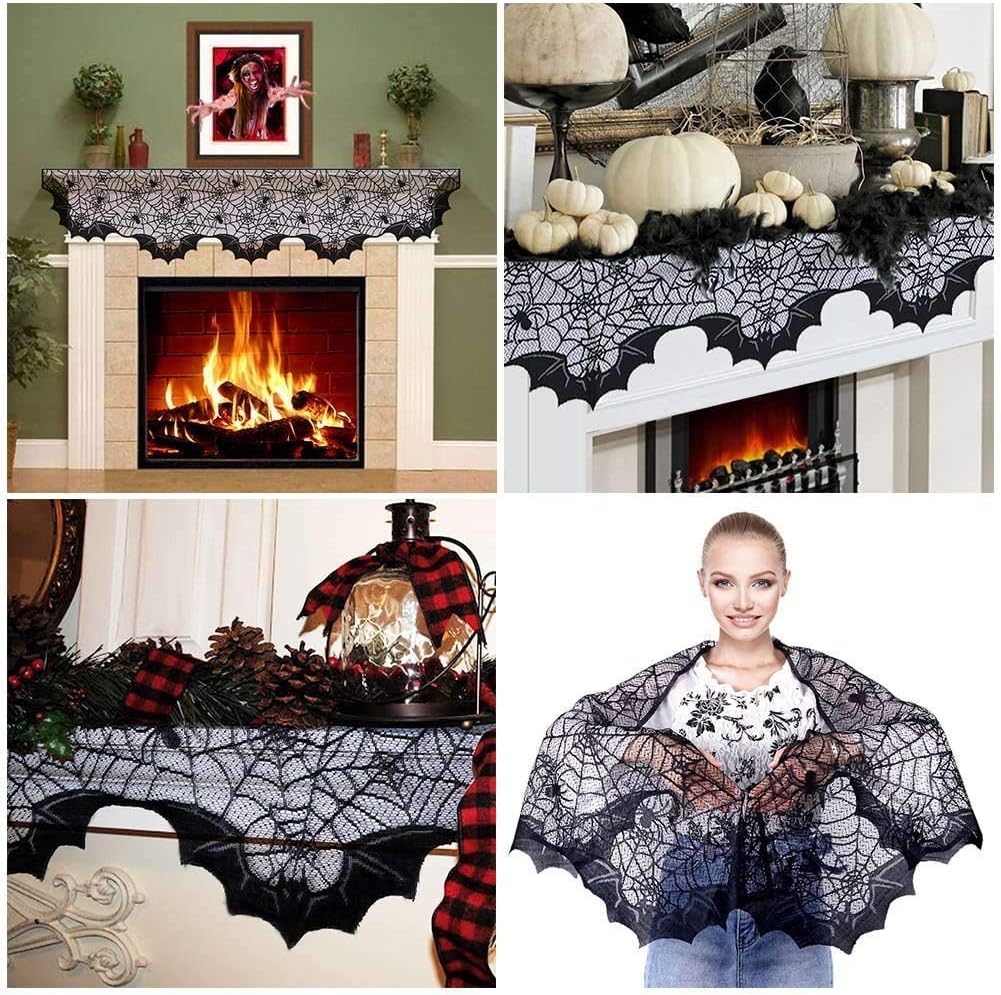 Blасk Frіdау - 40% оƒƒ FunisFun Halloween Lace Fireplace Mantle Scarf Cover, Black Cloth Spider Web Bats Runner Door Window Curtain Kitchen Decorations Gothic Festival Party Decor, 20 x 80 Inch