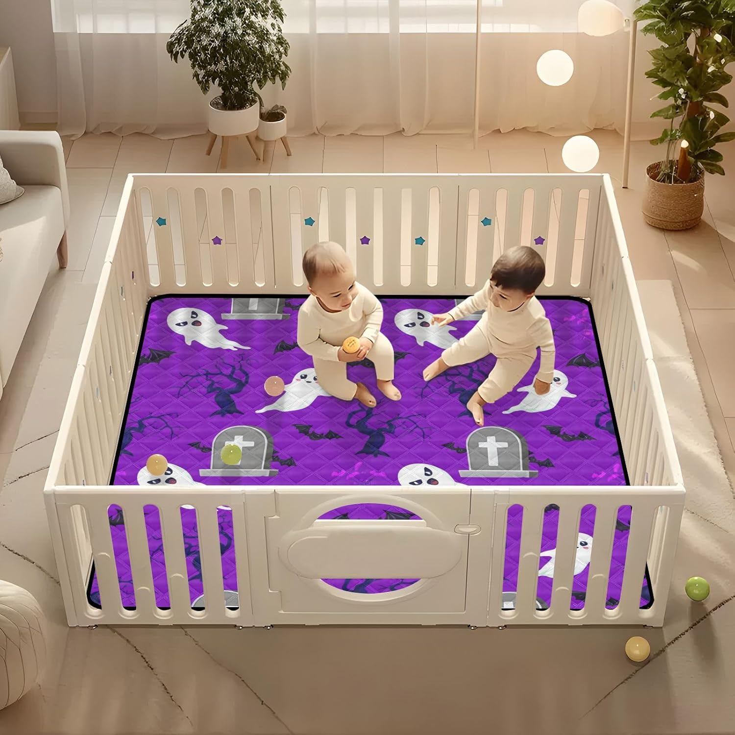 Halloween Ghosts and Bats Baby Play Mat, 50“ X 50” Washable Folding Crawling Mat, Baby Floor Mat, Soft, Non-Slip