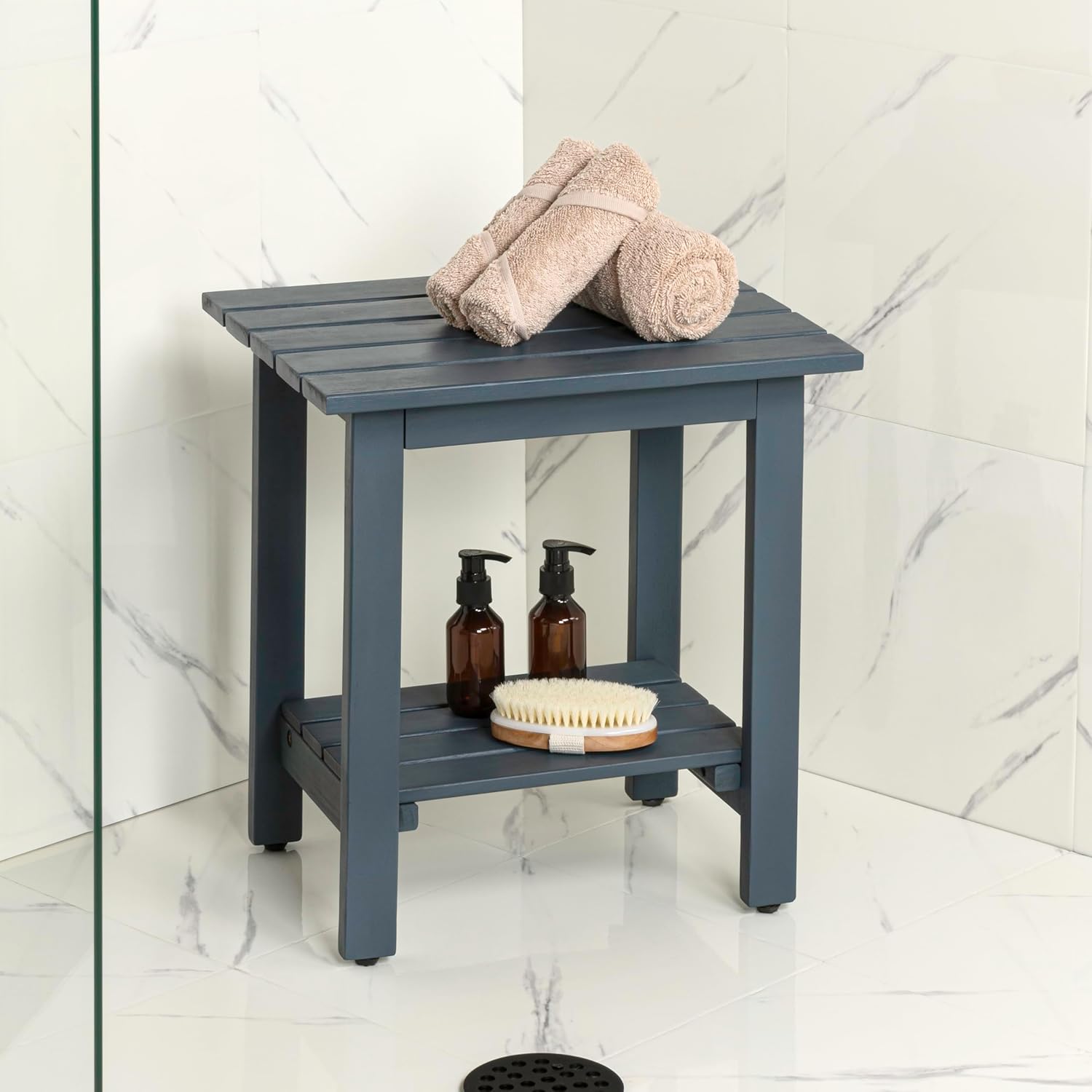 JONATHAN Y Kellie 16" Modern Nautical Blue Acacia Wood Outdoor Side Table with 2-Tier Storage, Weather-Resistant Rectangular Slatted End Table for Patio, Garden, Deck, and Porch END6001N