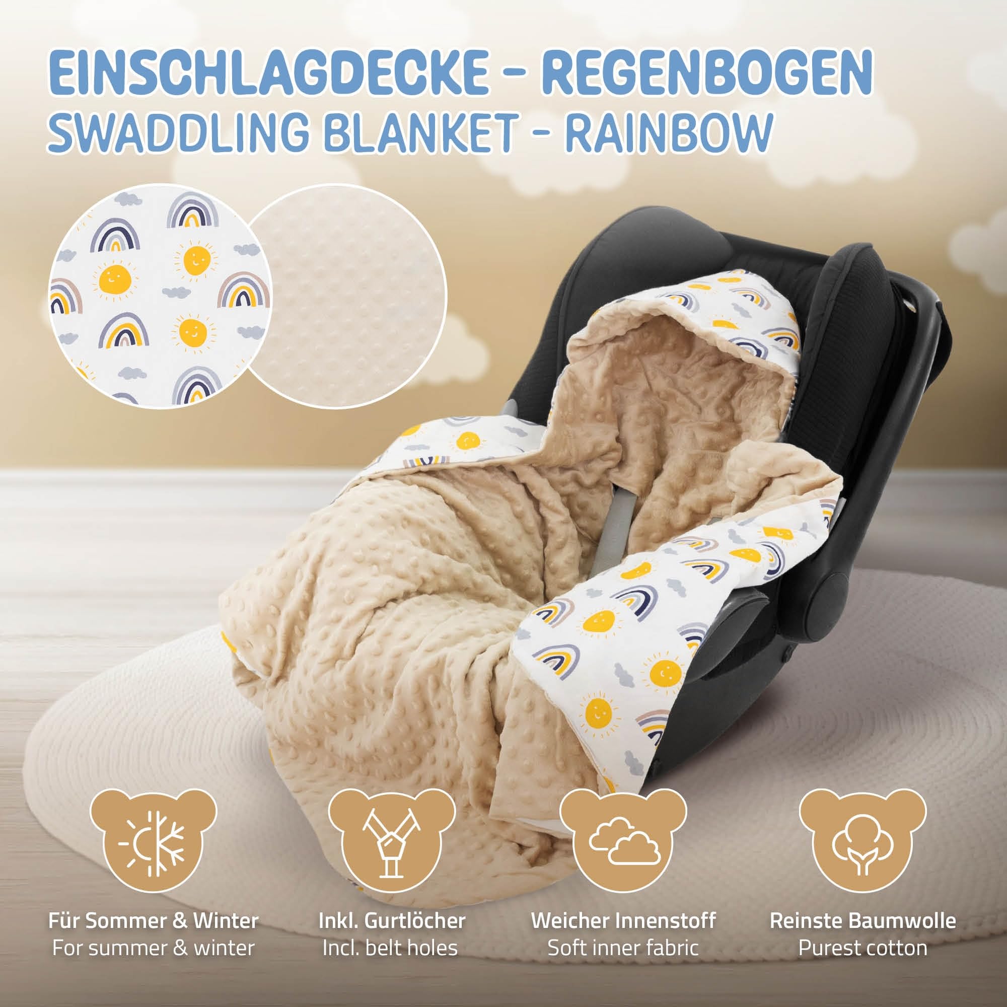 Joyz Manta con Capucha para Bebé 84x84 cm Beige 100% Algodón Arcoiris con Viscosa Saco de Doble Cara para Accurucarse Toda la Temporada Universal Portabebés Ideal para el Cochecito o Silla de Paseo
