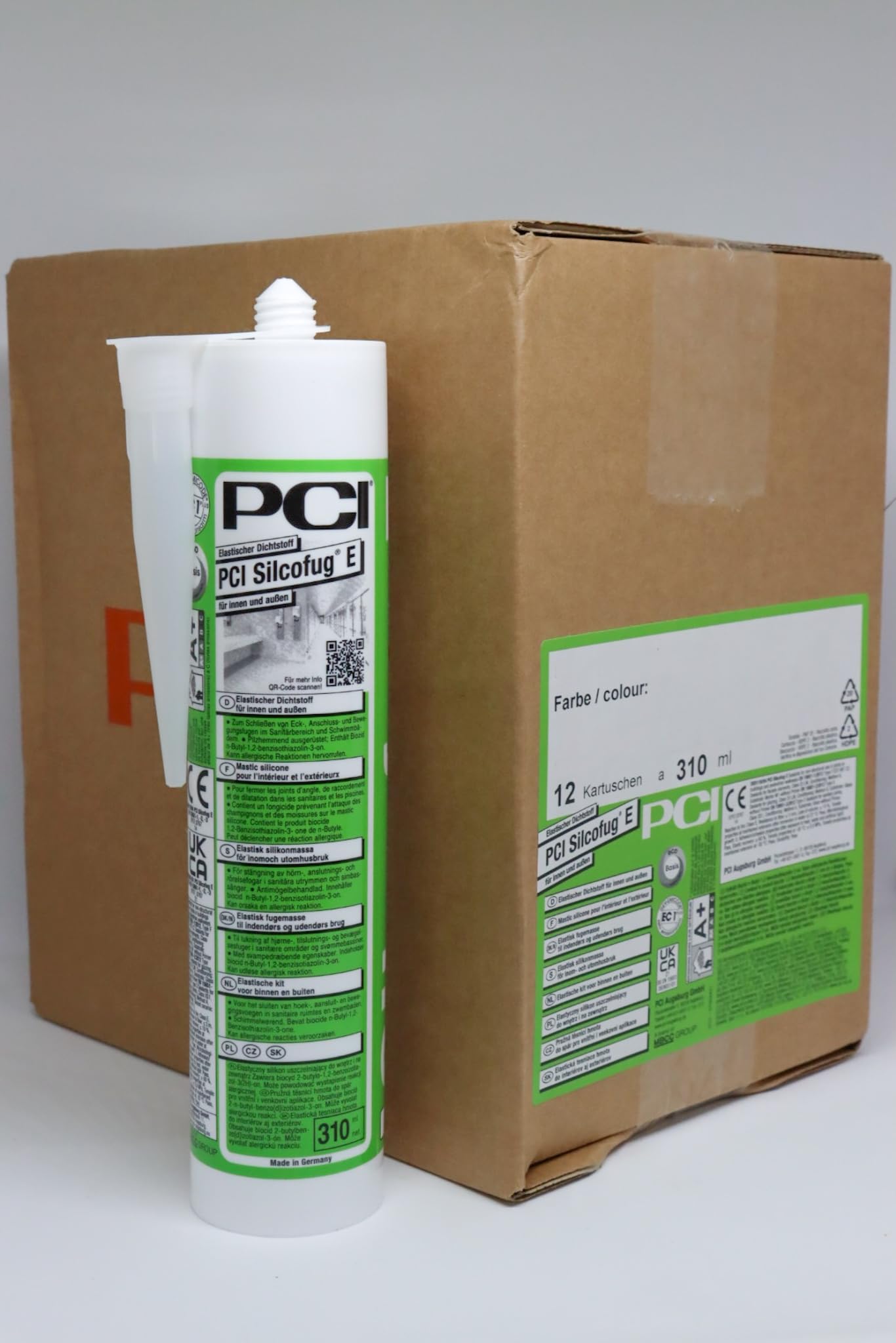 PCI Silcofug E 12 x 310 ml 31 Zementgrau Silicon Sanitärsilicon Bausilicon Silikon Bad Dusche Balkon Terrasse Wohnung Sika