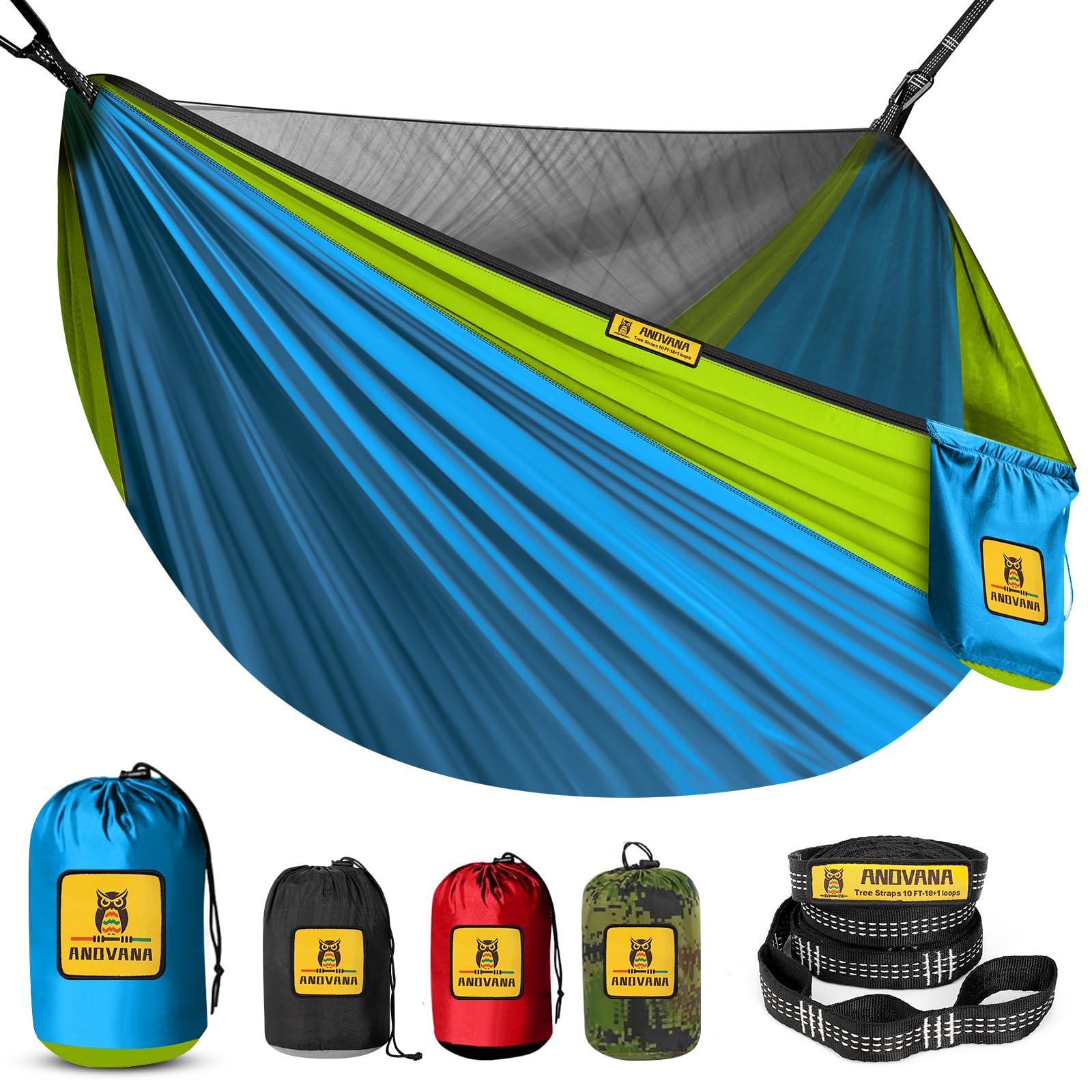 Small Camping Hammock with Mosquito Net, 450 lbs Portable Hammock with Tree Straps, 2-in-1 Double/Single Travel Hammocks, Hammock for Outside/Indoor/Backpacking/Beach - Sky Blue &amp; Green