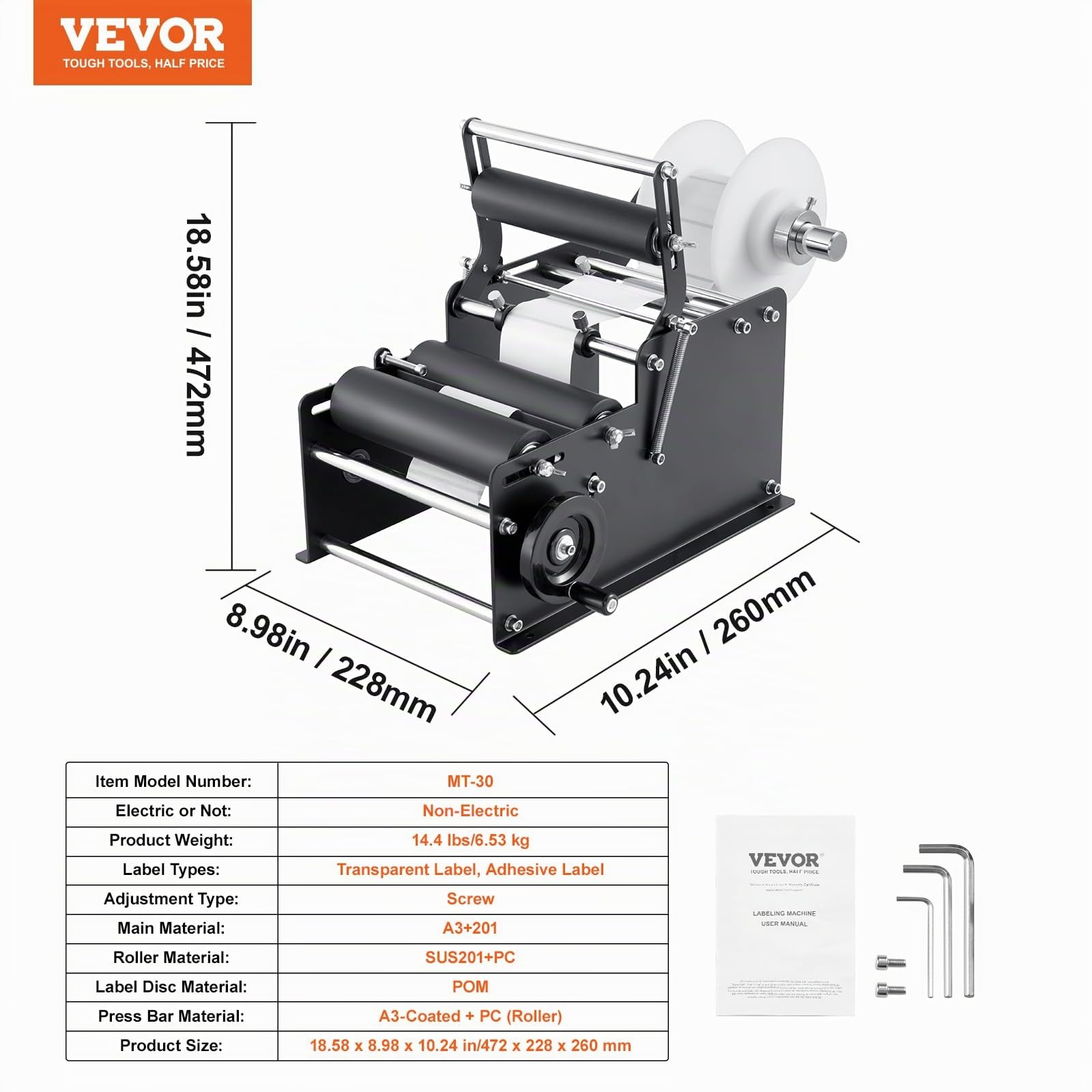 VEVOR Étiqueteuse manuelle ronde, 15-20 pièces/min, applicateur d'étiquettes pour bouteilles rondes, étiqueteuse manuelle réglable adaptée aux étiquettes de bouteilles longueur/largeur entre 10-130 mm