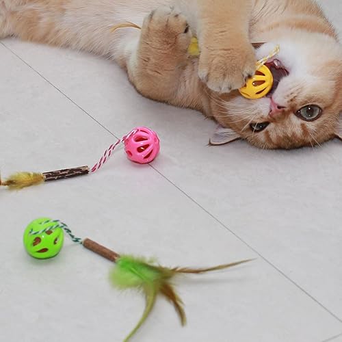 Miniatura 4 de Pelotas de juguete para gatos 3 en 1 con pluma, palo de vid plateada y campana interior, bolas interactivas de celosía colorida para gatos y gatitos