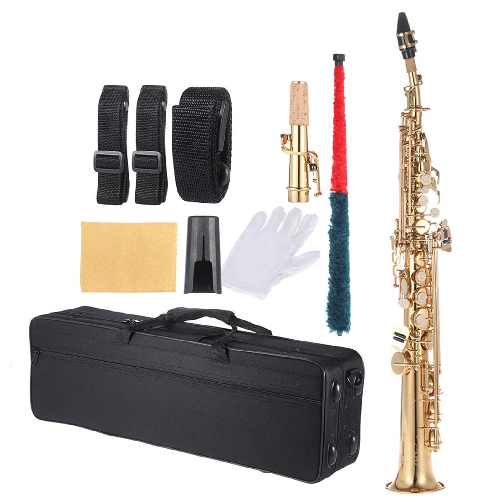 Sassofono soprano dritto in ottone Sib Tuning con guscio chiave intagli custodia rigida guanti kit di pulizia cinghie strumento a fiato