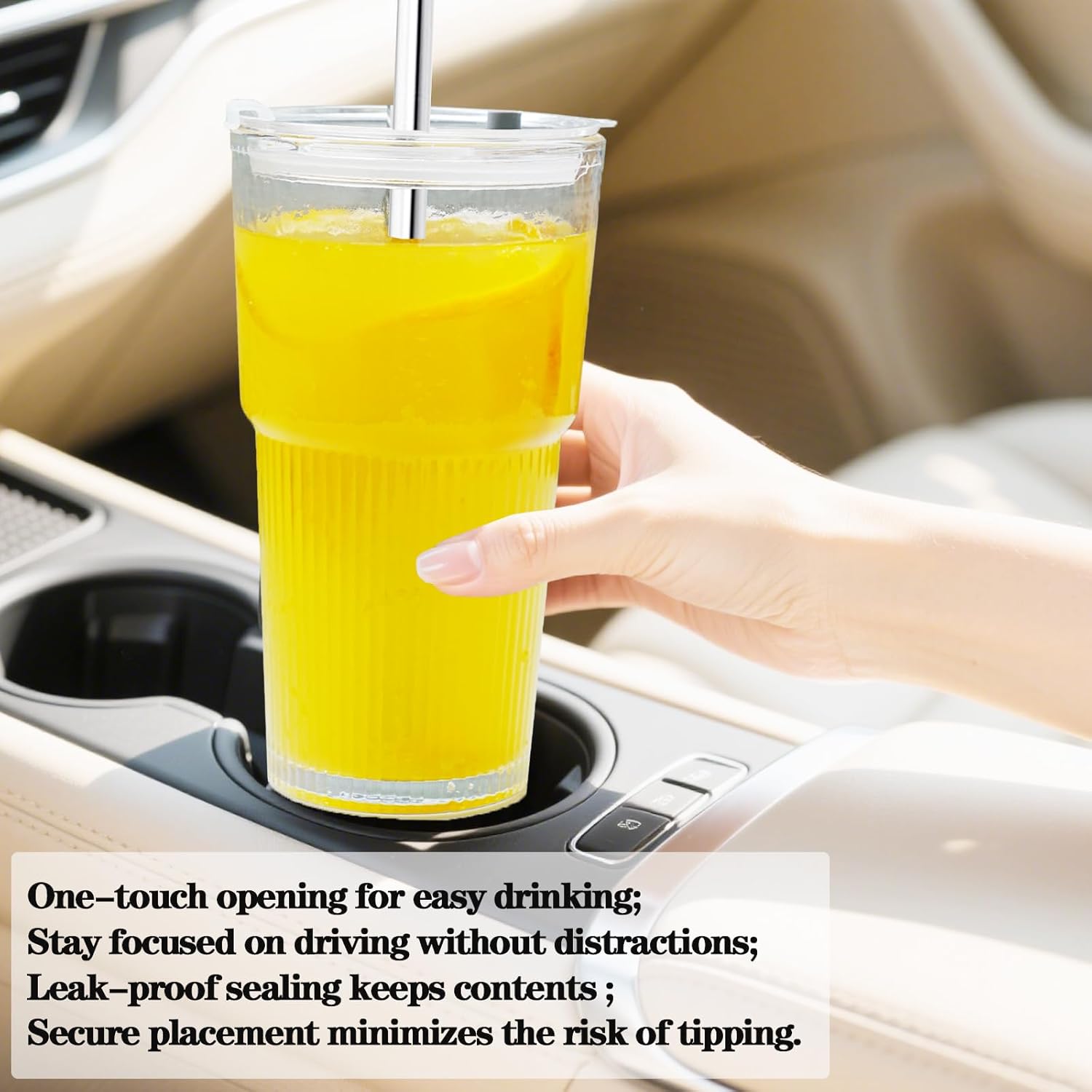 Glass Cups with Lids and Straws, Iced Coffee Cups with Lids,Stylish Ribbed Design Glass Coffee Cups, Drinking Glasses for Iced Coffee,Smoothies,Tea,Juice,Leak-Proof, Ideal for Home and Outdoor Use - Image 2