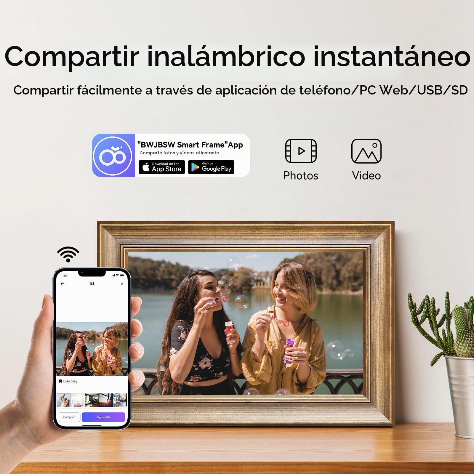 Marco de Fotos Digital WiFi Marco Digital de Foto de 10 Plgadas, IPS HD Pantalla Táctil, Smart Madera Marco para Fotos Electronico de 16GB Memoria, Auto-Rotación, Comparte Fotos/Videos Via App