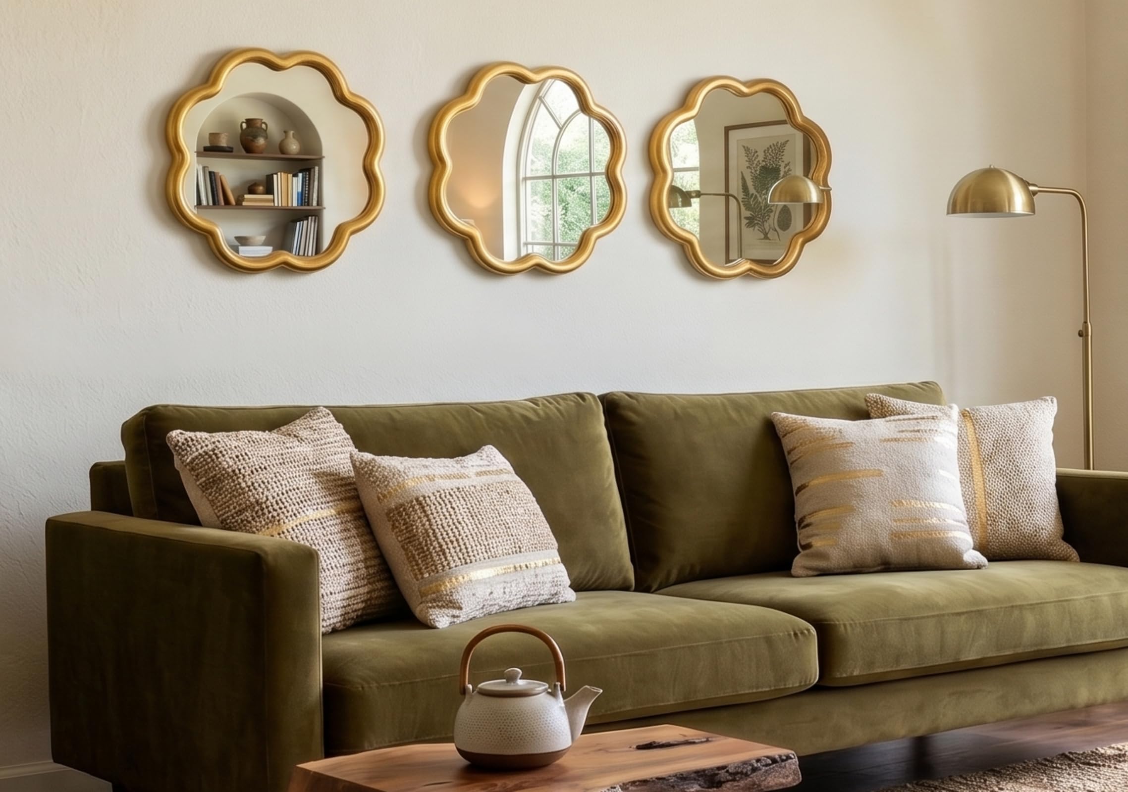 DEENZ Pack Of 3 Wavy Shape Round Wall Hanging Mirror Plastic Framed For Home Décor Gift Idea Large Display 25Cm Dia. (GOLD)