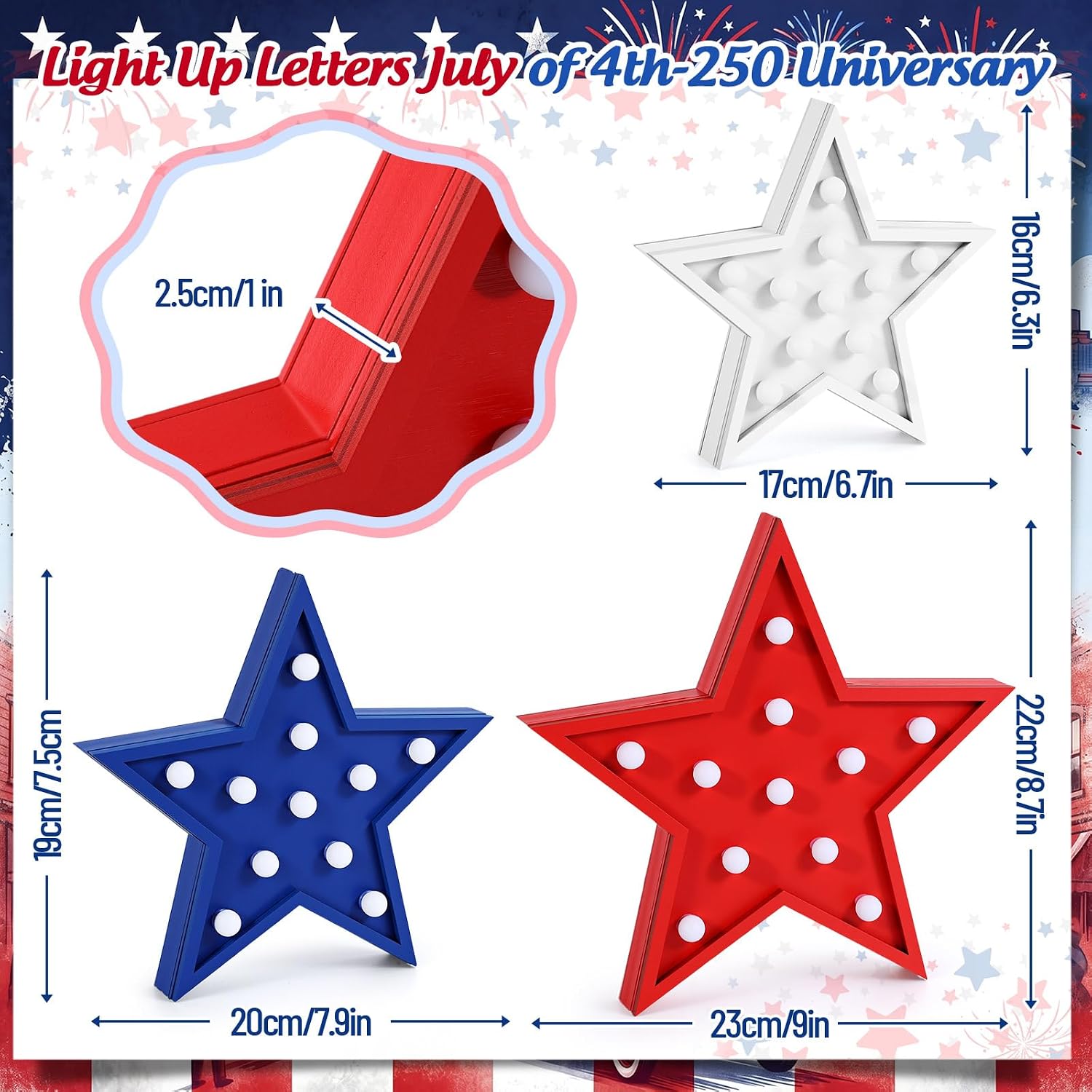 Novabright 3 Pcs Patriotic Stars Decorations Light up Centerpiece Block White Red Blue 4th of July Tiered Tray LED Lights Tabletop Sign Independence Day Party Decor