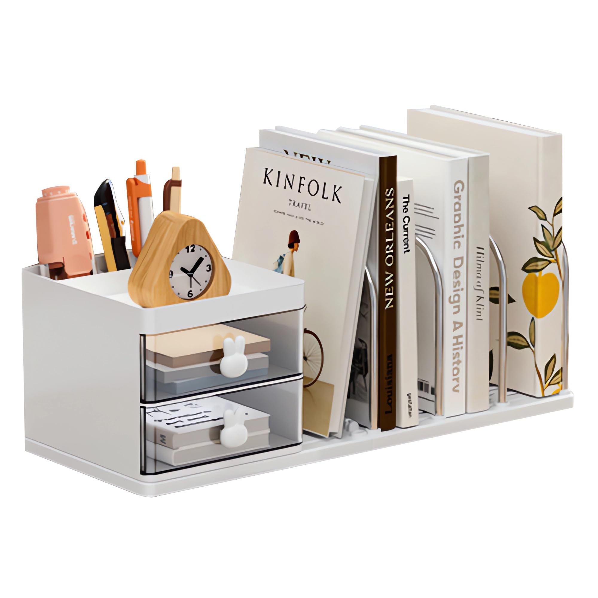 Haiansan Desk Organizer with Bookends, Desktop Storage Box with 2 Drawers 3 Top Compartments and 4 Bookends, Multi-Functional Desk Accessories