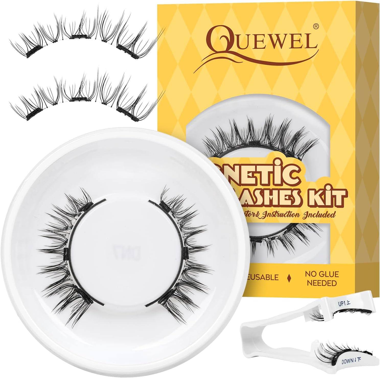 QUEWEL Magnetic Eyelashes 1 Pair Reusable Magnetic Eyelashes Natural Look with Applicator No Glue Needed Lash Clusters Kit Easy to Wear and Remove(XYT-B)