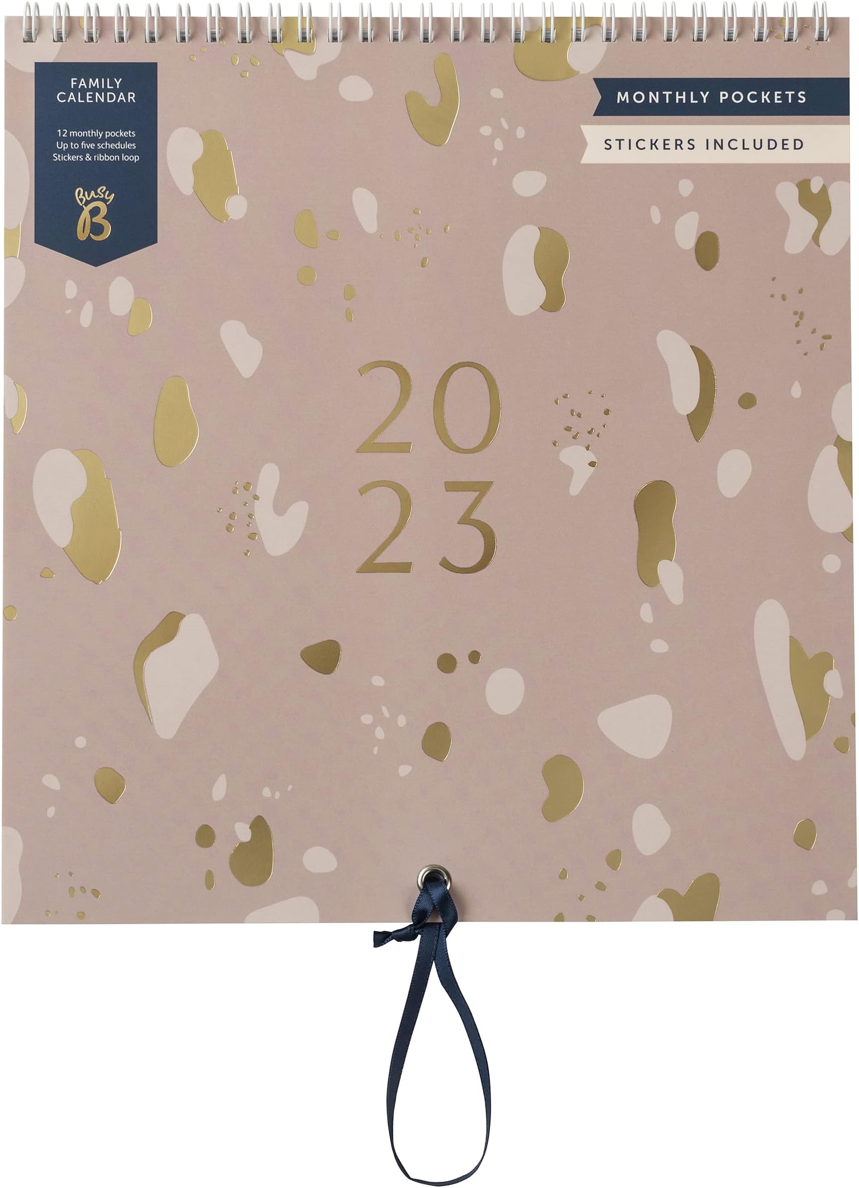 Busy B Family Monthly Calendar January to December 2023 - Pink - Family Calendar 2023 with 6 Column Layout for Family schedules & Birthdays, Monthly Pockets, Stickers & Holiday Planner