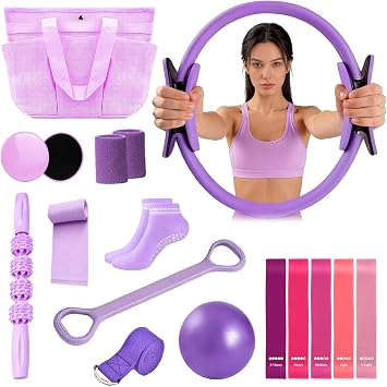 Pilates Equipment 15PCS Essential Kit, Home Workout Pilates Starter Ring Kits for Women Beginners, Yoga Ball, Resistance Bands, Non-Slip Wrist Straps, Fitness Exercise Equipment for Home Use