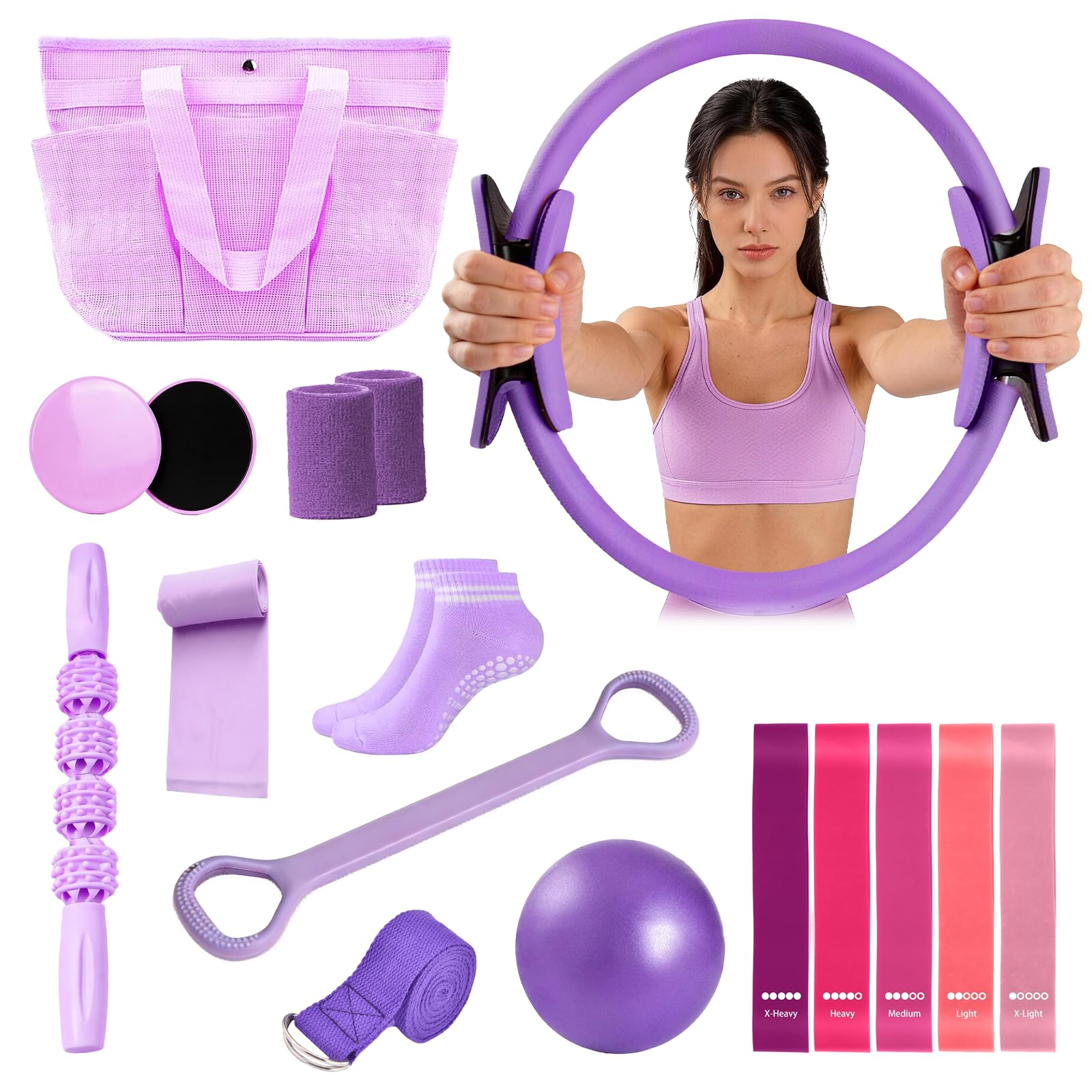 Kenmohuo Pilates Equipment 15PCS Essential Kit, Home Workout Pilates Starter Ring Kits for Women Beginners, Yoga Ball, Resistance Bands, Non-Slip Wrist Straps, Fitness Exercise Equipment for Home Use