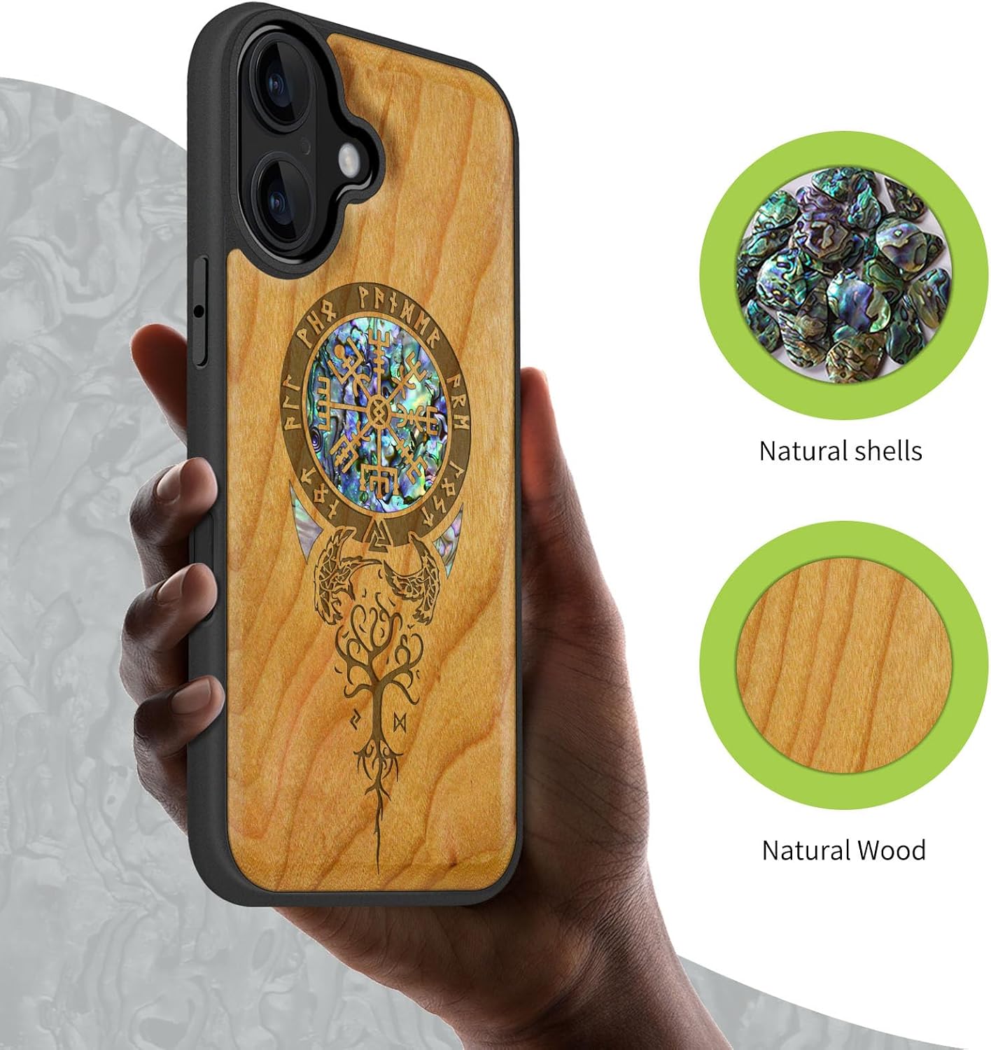 Carveit Magnetic Wooden Case for iPhone 16 Case, Wood Artisan Engraved & Handmade Shell Inlaid, TPU Shockproof Cover, Compatible with MagSafe Wireless Chargers (Viking Symbol) Cherry