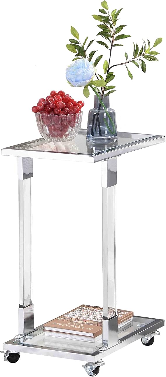 C-Shape Silver Tempered Glass Side Table with Wheels