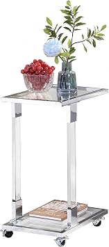 C-Shape Silver Tempered Glass Side Table with Wheels