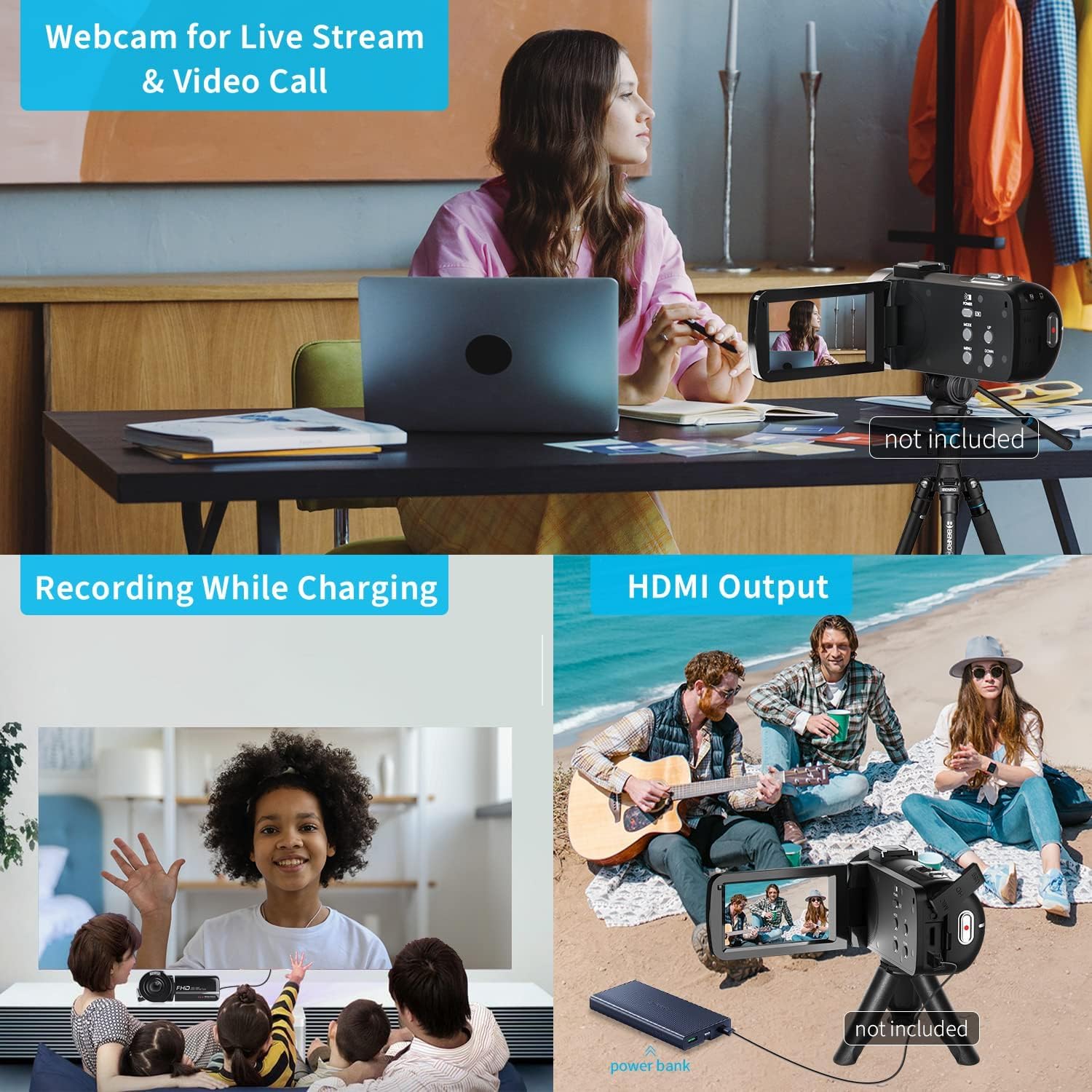 Video Camera,  Camcorder 48MP 15FPS UHD WiFi Vlogging Camera with IR Night Vision for YouTube, 3" Touch Screen 18X Digital Zoom, with Fill Light, Mic, Stabilizer, Lens Hood, Remote and 2 Batteries: 1080P-Black