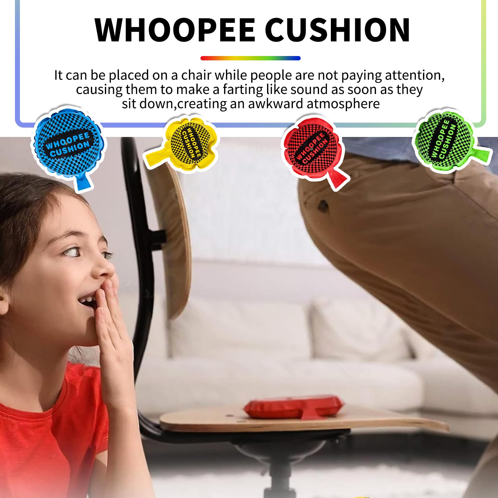 4 Pezzi Cuscino Scorreggione Cojín pedos,Autogonfiante Whoopee Cuscino,Cuscino per Scoregge,Adatto Bambini Adulti per Scherzi Divertimento (Grande/Verde,Medio/Rosso,Piccolo/Giallo+Blu)