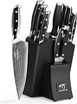 Ensemble de couteaux de cuisine Damas avec bloc, Razor Sharp 67-Layer VG10 Poignée en acier et triple rivet, Chef/Santoku/Utility/Couteaux de pain/pari inclus, Aiguiseur, Bloc en bois de cuisine, Gris, 9Pcs