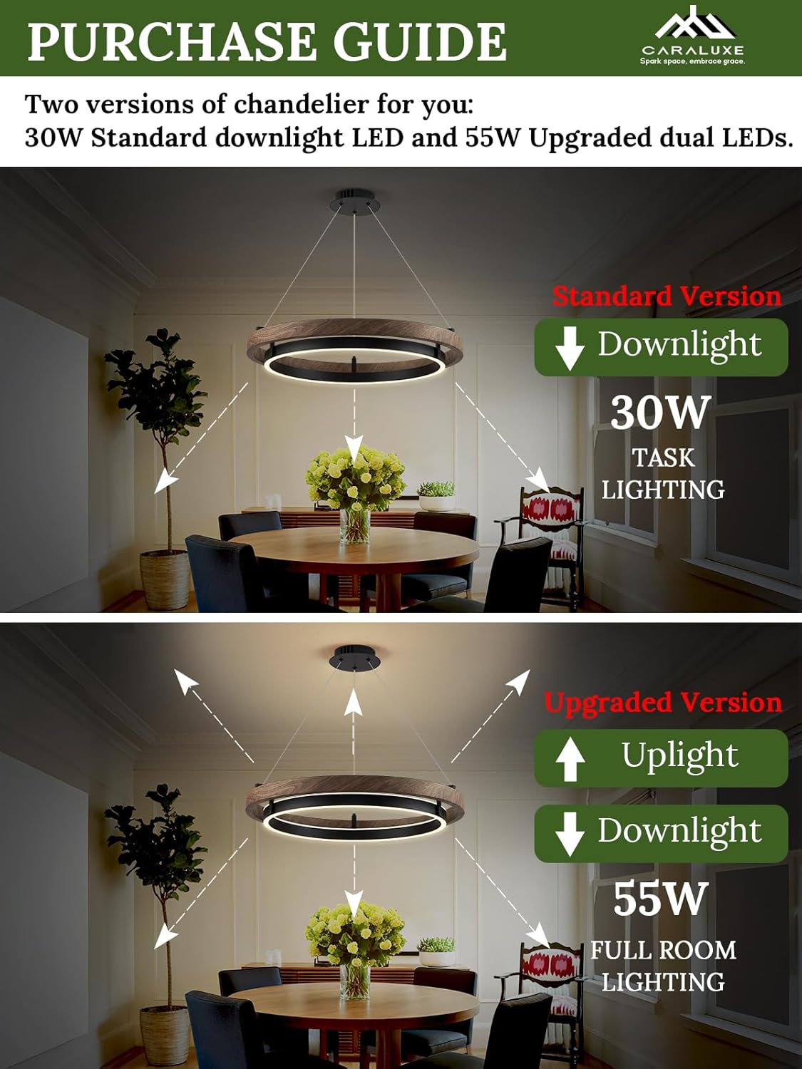 LED 2 Ring Chandelier Dimmable Up Down Light Black Chandelier Round Foyer Chandeliers Light Walnut Wood Black Circular Chandeliers for Dining Room Entry Bedroom Office Living Room