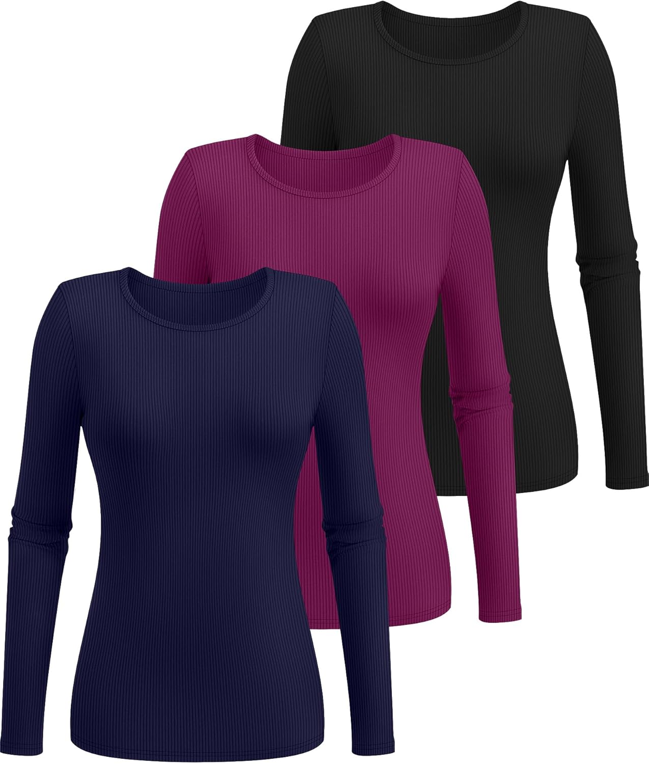 Ficerd 3 Pack Women's Ribbed Long Sleeve Tops, Crew Neck Slim Fit Undershirts Knit Basic Casual Stretch Layering Tee Shirts - Image 3