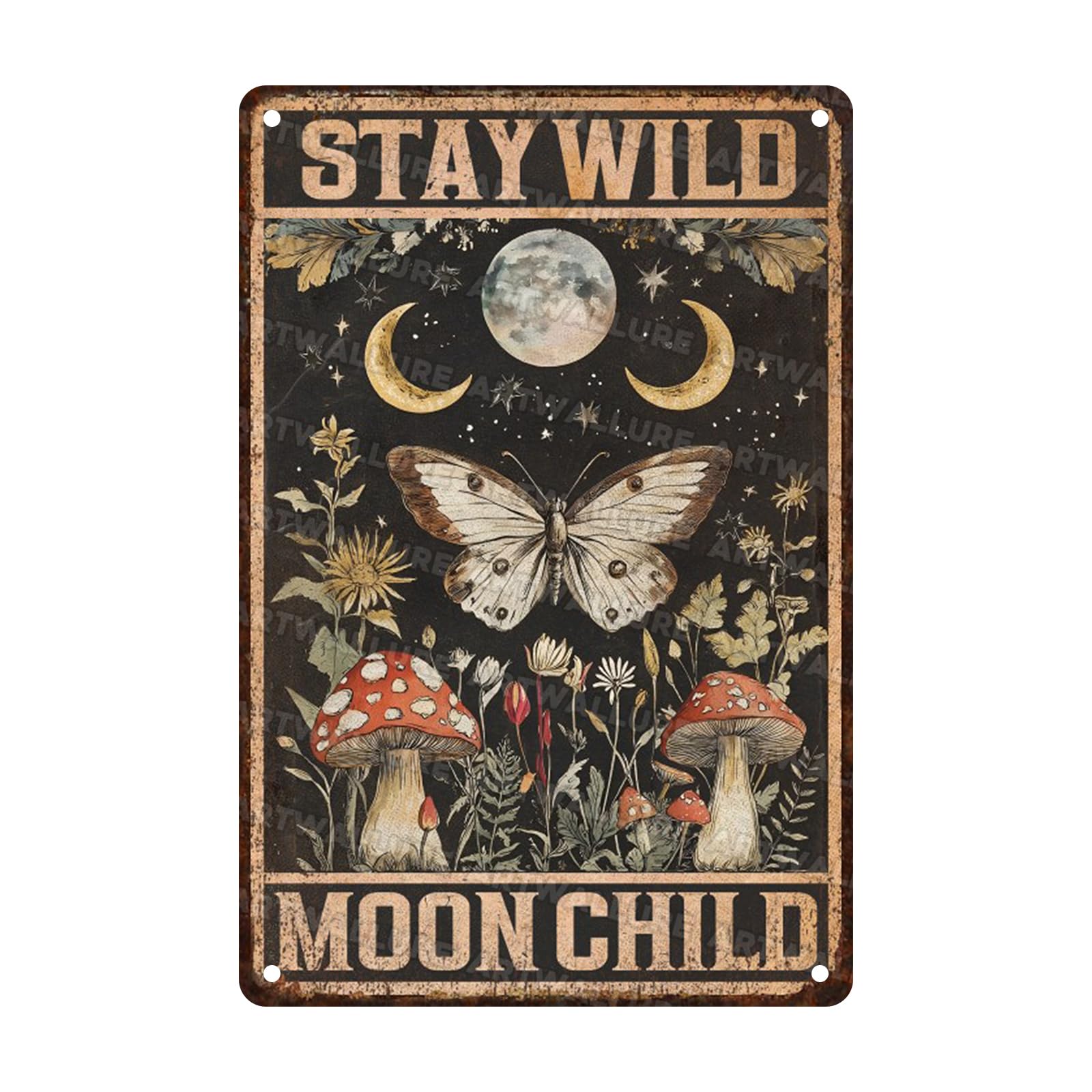 Anceky Sign Butterfly Stay Wild Moon Flower Mushroom Metal Tin Sign Vintage Wall Decor for Yard Fence Outdoor Window Kitchen 12×16 Inch