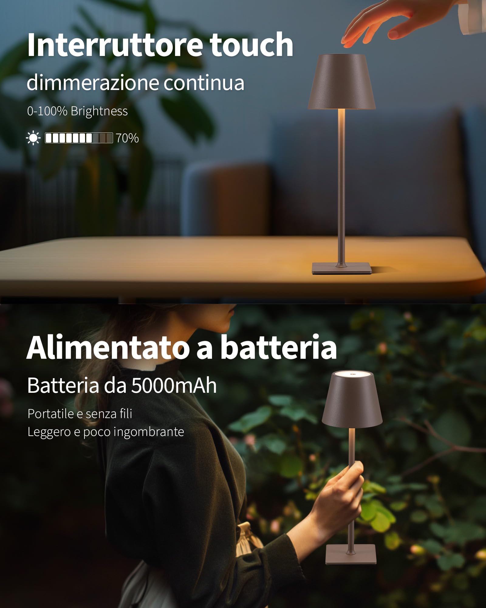 VISDANFO 2 Pezzi Lampada da Tavolo LED Senza Fili, Ricaricabile 5000mAh, Dimmerabile, 2700-6000K, Lampada da Comodino Batteria per Camera da letto, Sala da pranzo, Esterno, Impermeabile (Marrone)