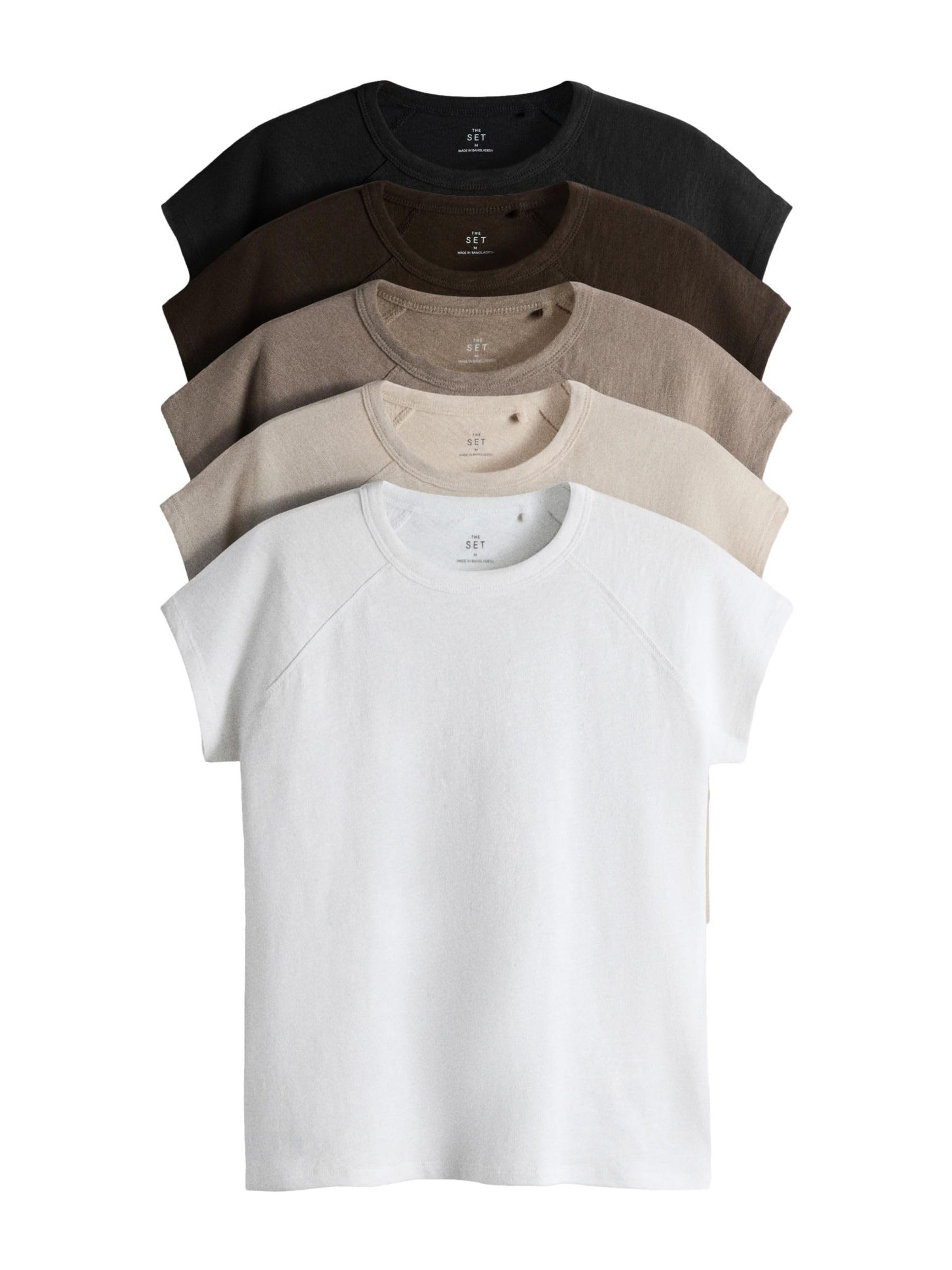 THE SET Femme T-Shirt à Manches Raglan, Lot de 5 | Coupe standard, 100 % coton