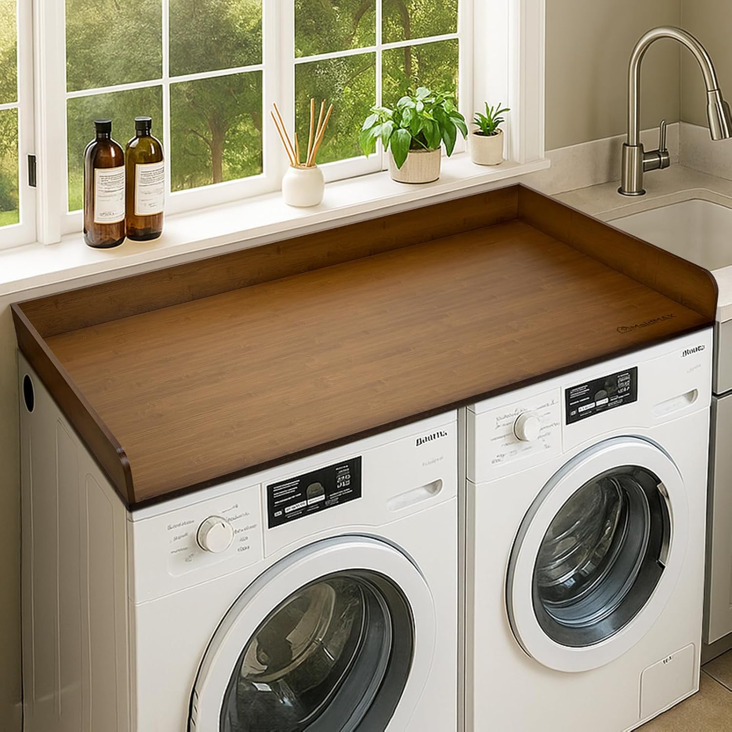 MaidMAX Washer Dryer Countertop, 54" W x 27.5" D Laundry Countertop with Edge, Washer and Dryer Topper with Non-Slip Pads for Laundry Room Organization (Brown Wooden)