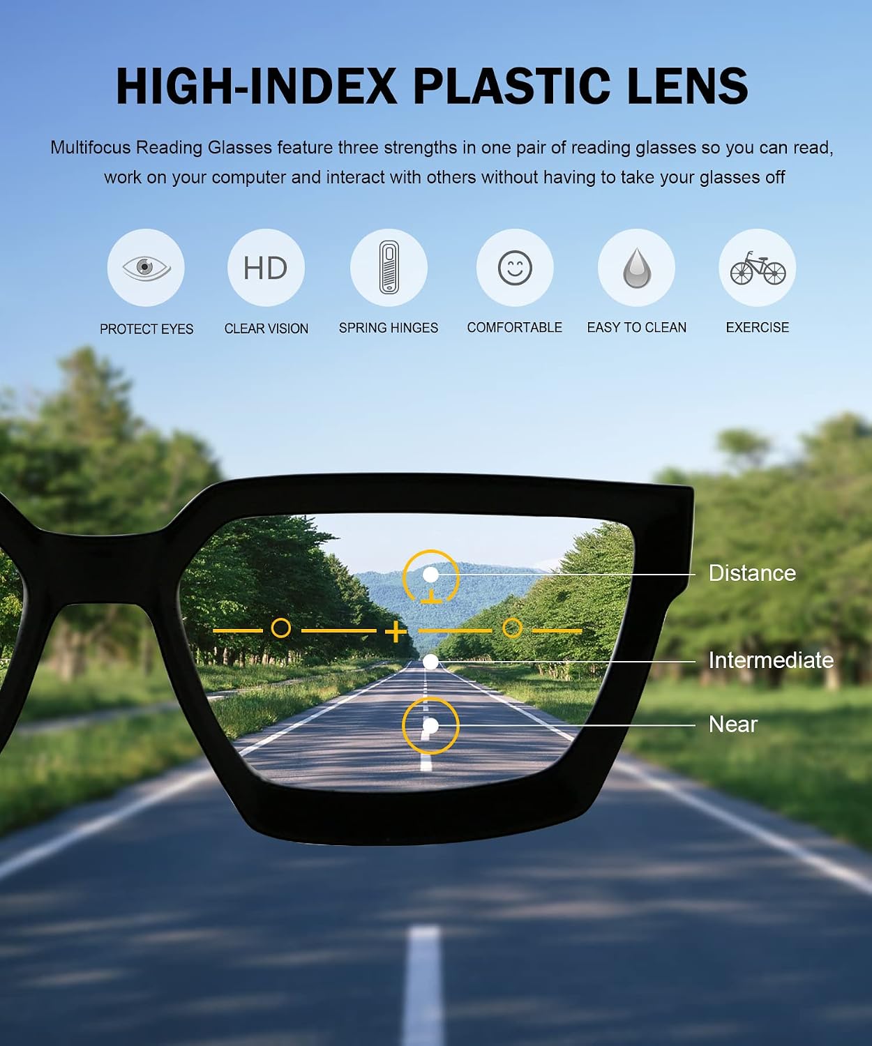 Eyekepper Multifocus Progressive Computer Readers Women - Noline Trifocal Reading Glasses Blue Light Filter Oversize Frame - Black +2.00